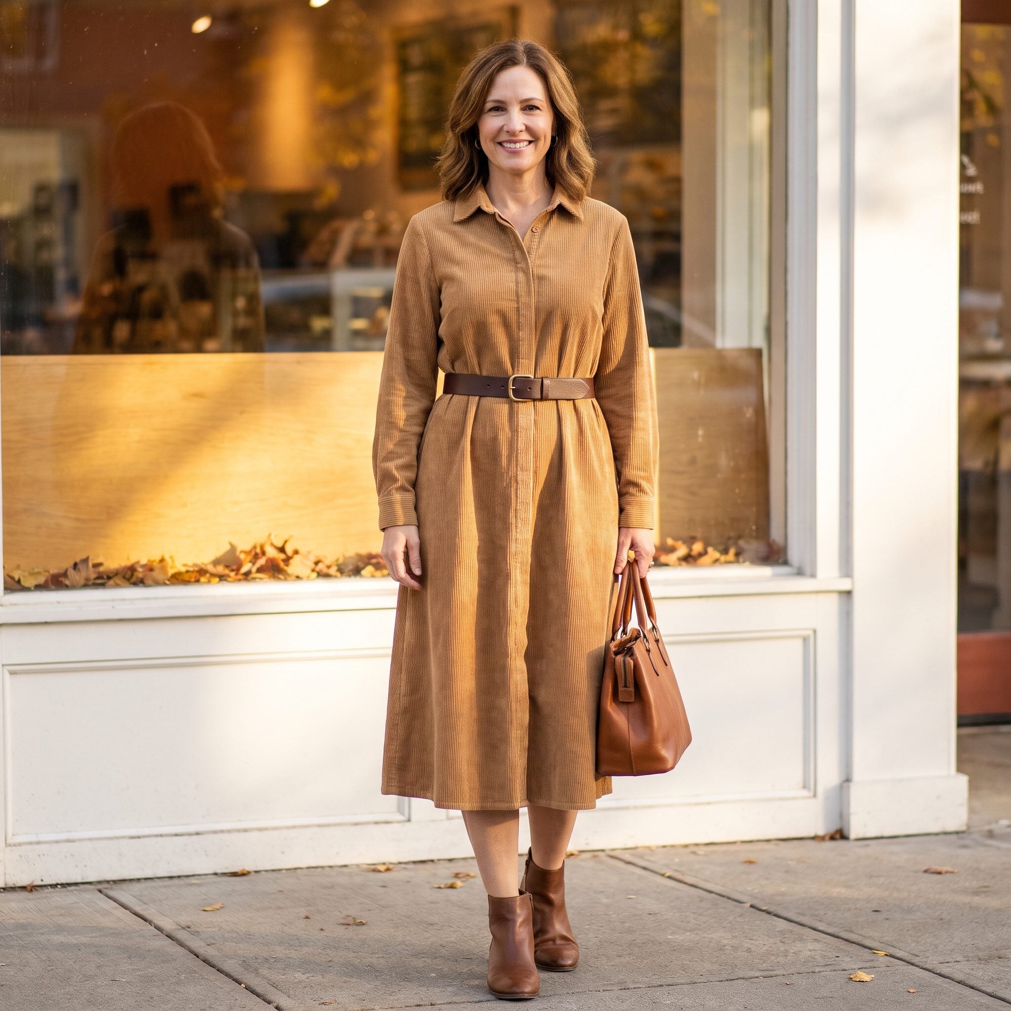 Camel corduroy dress with a brown natural-waist belt and matching ankle boots