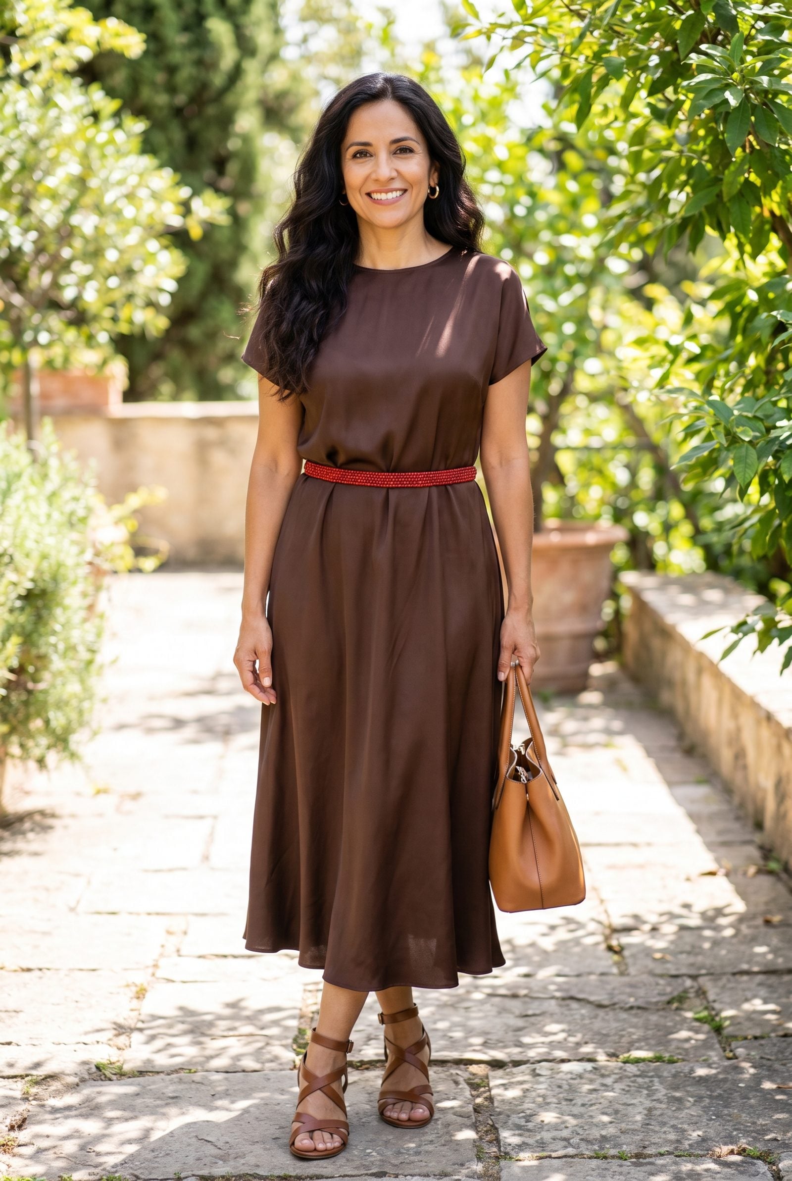 Brown Silk Dress With a Red Beaded Belt