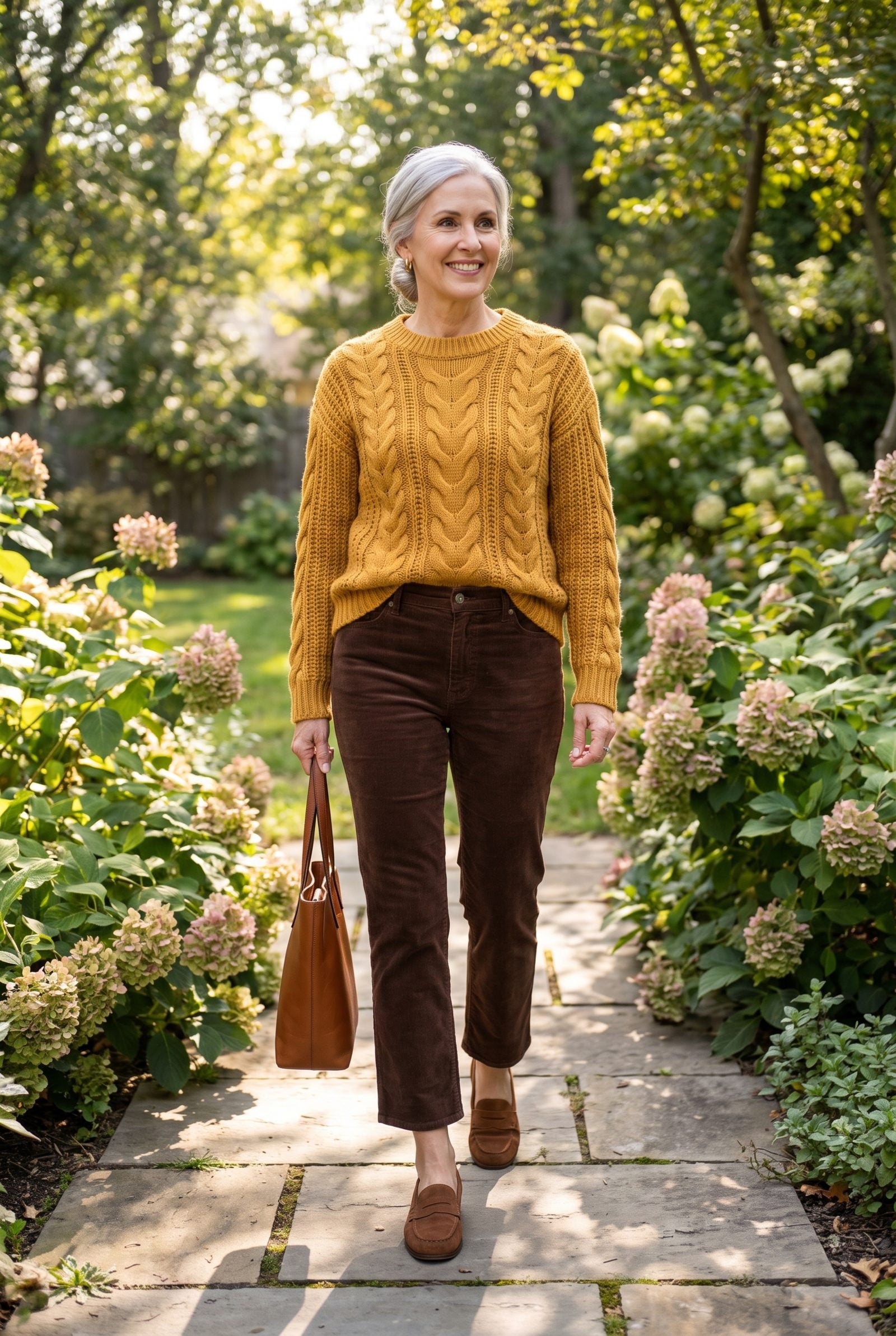 Brown Suede Penny Loafers With a Mustard Cable Knit and Chocolate Corduroys