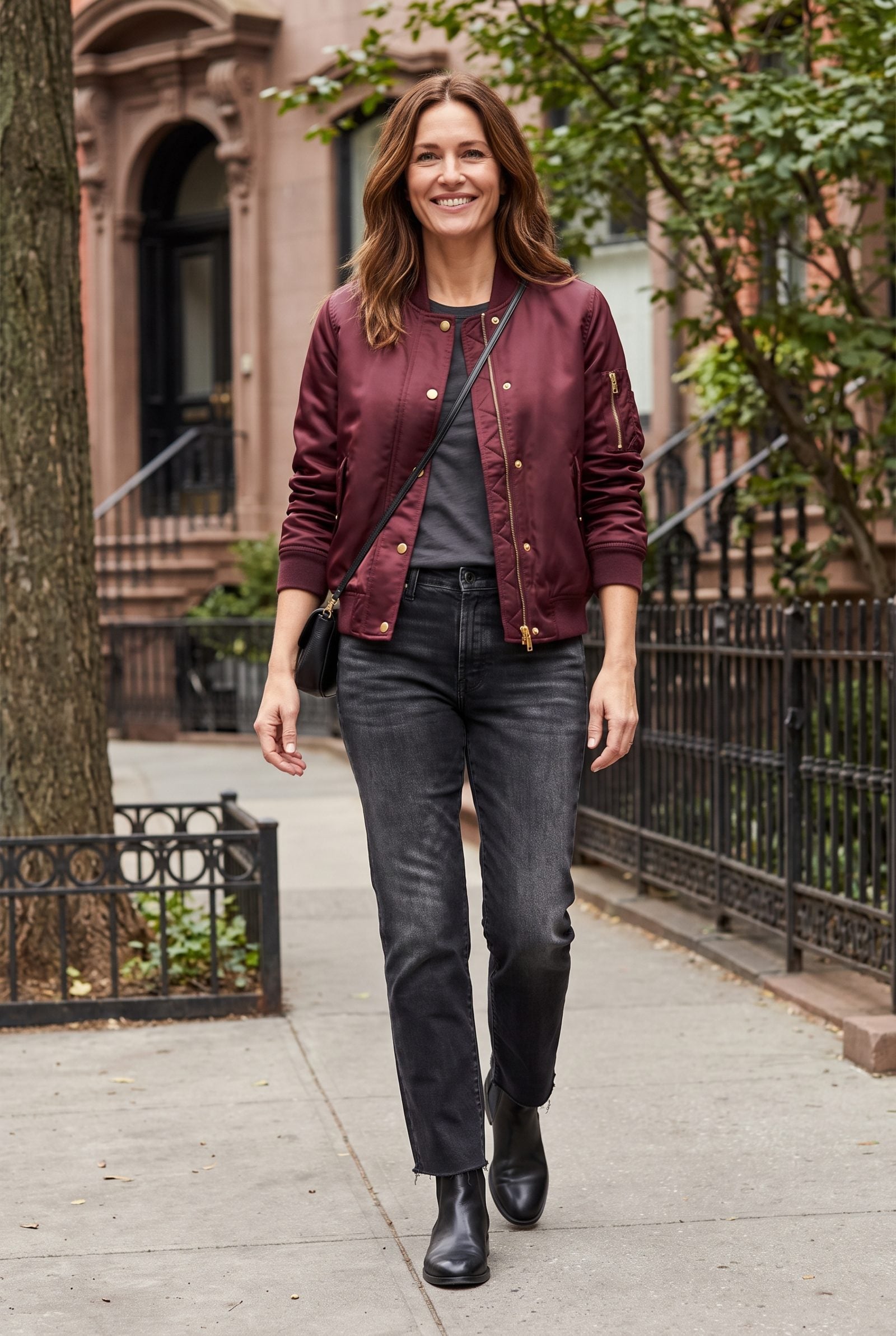 Burgundy Bomber Jacket With Faded Black Straight Jeans