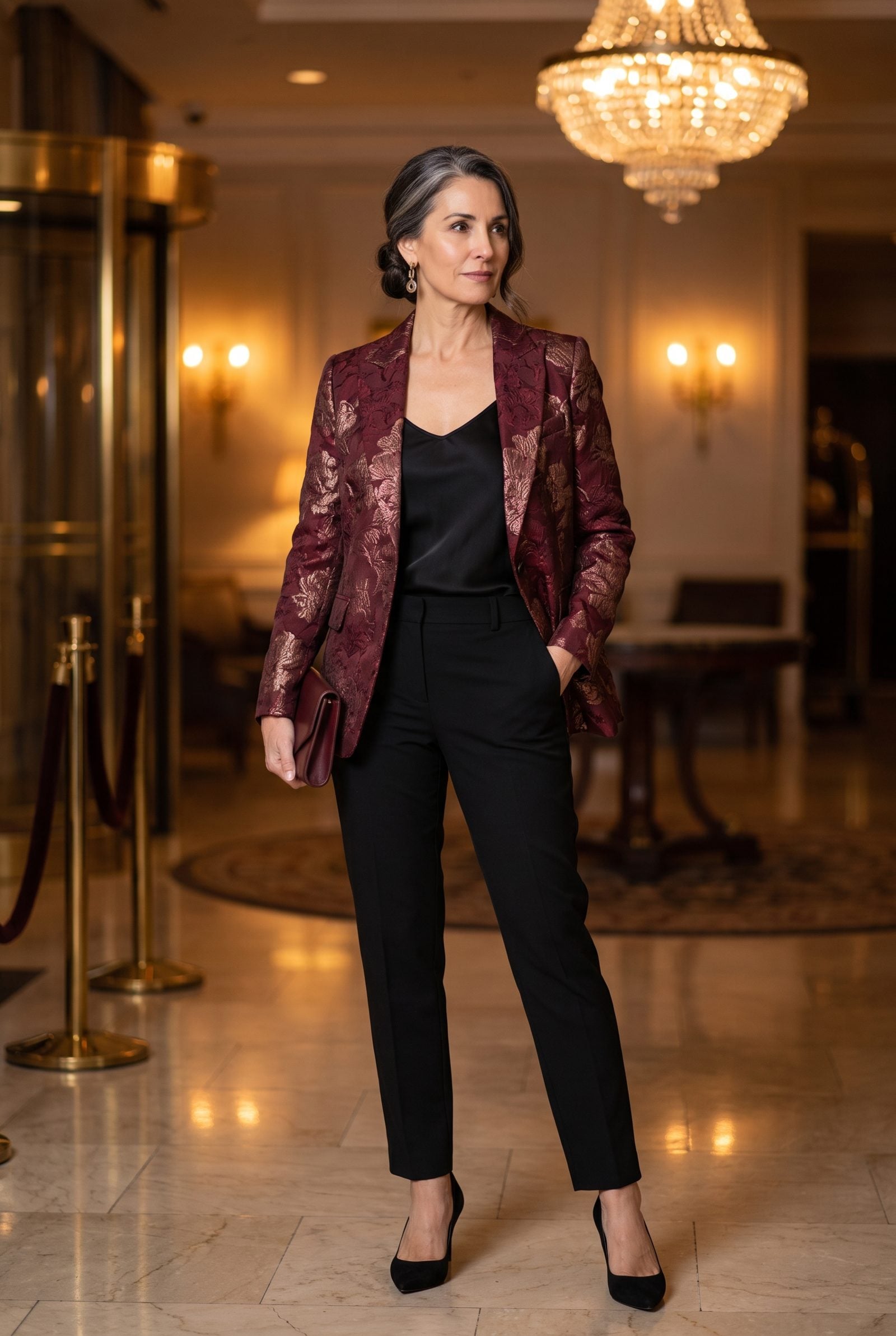 Burgundy Brocade Jacket With Black Cigarette Pants