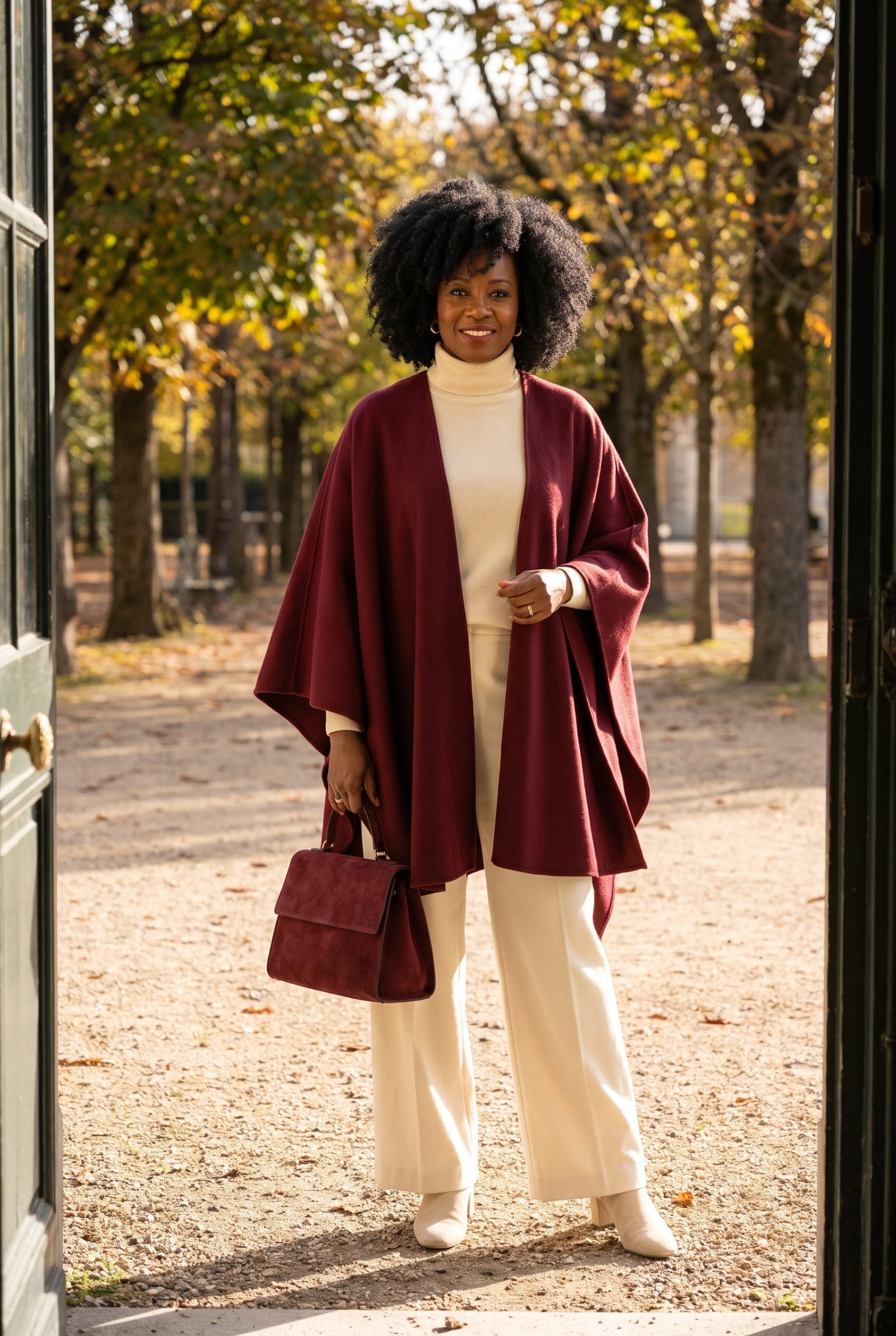 Burgundy Cape Over a Monochrome Cream Outfit