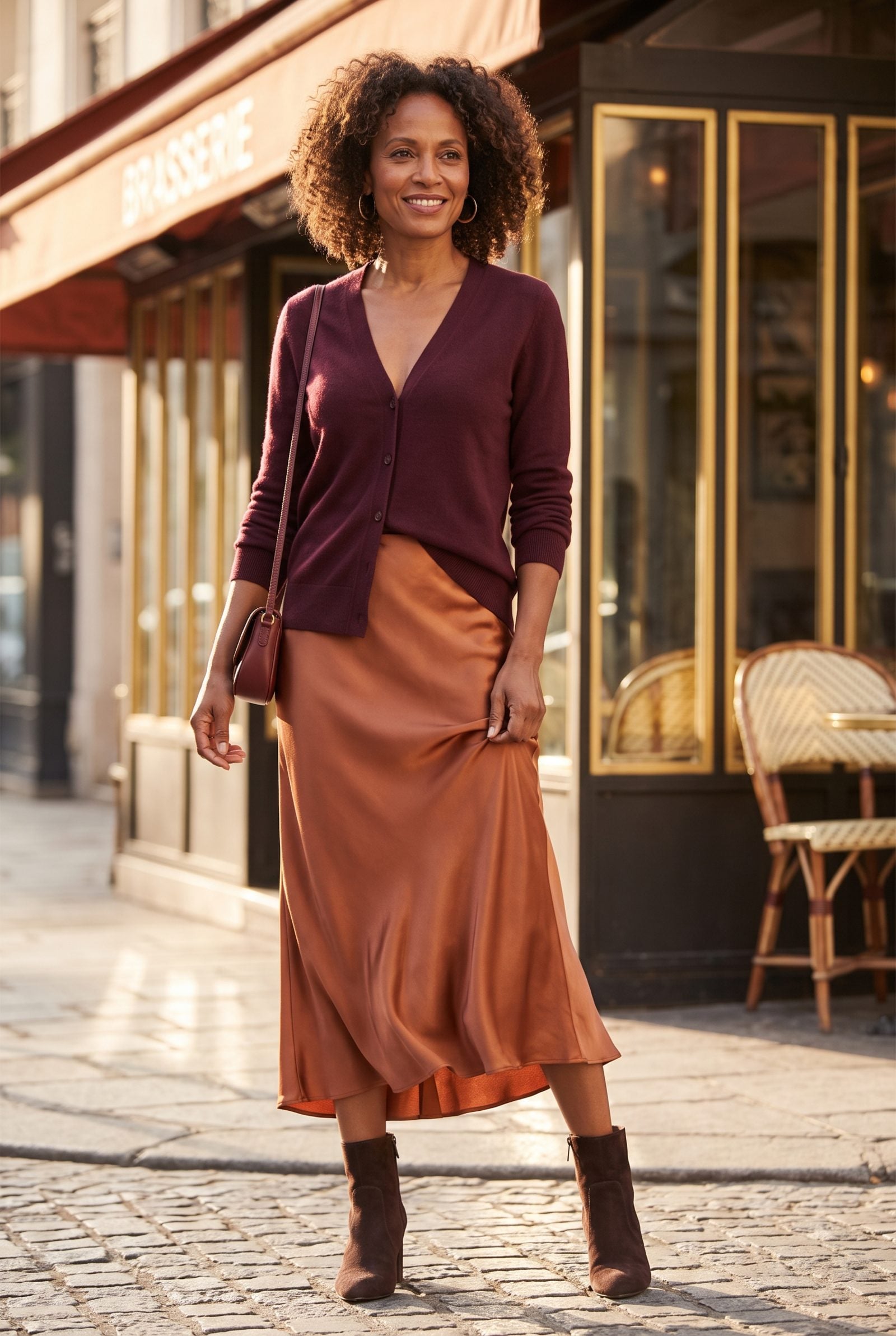 Burgundy Cardigan Over a Copper Slip Skirt