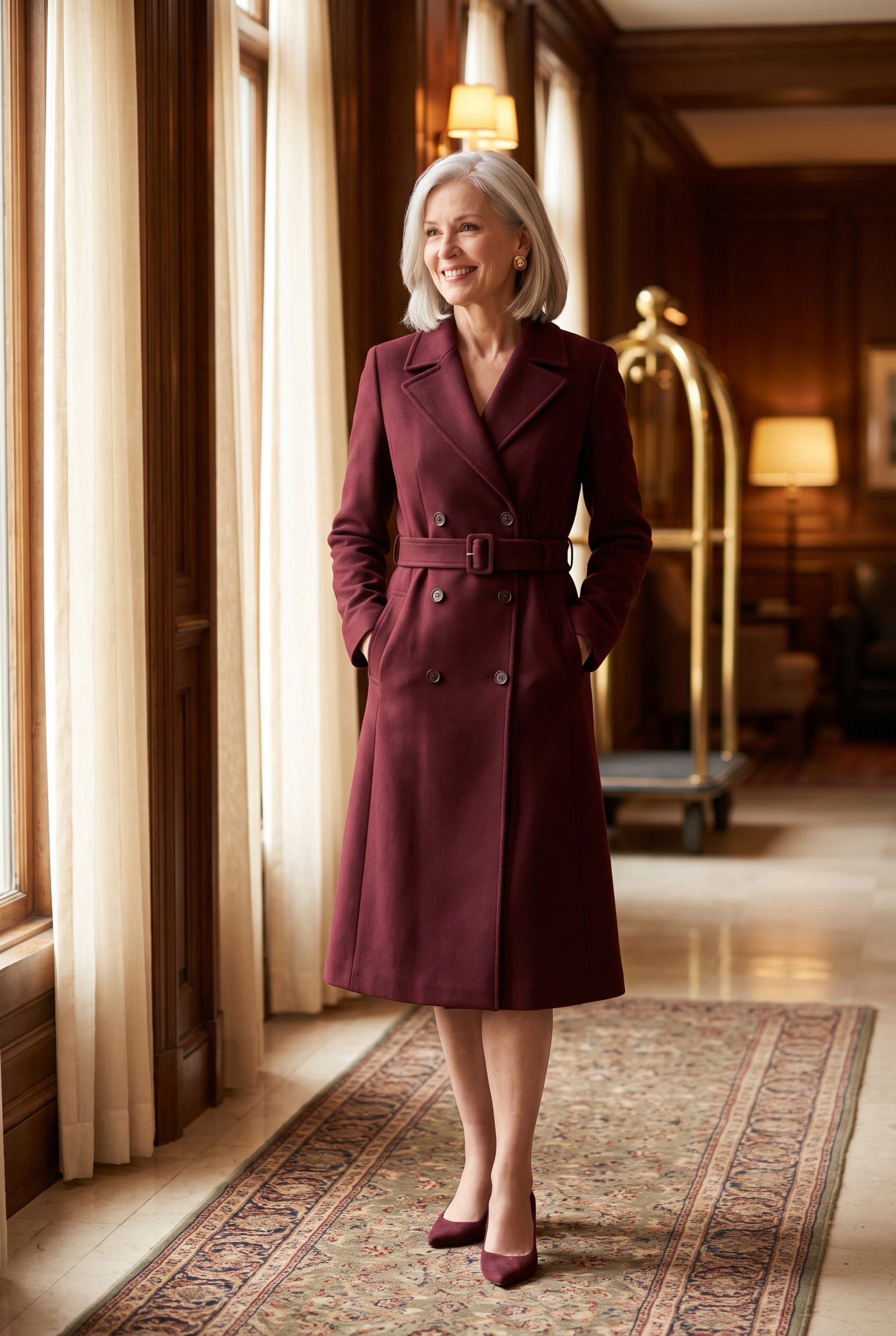 Burgundy Coatdress With Tonal Heels