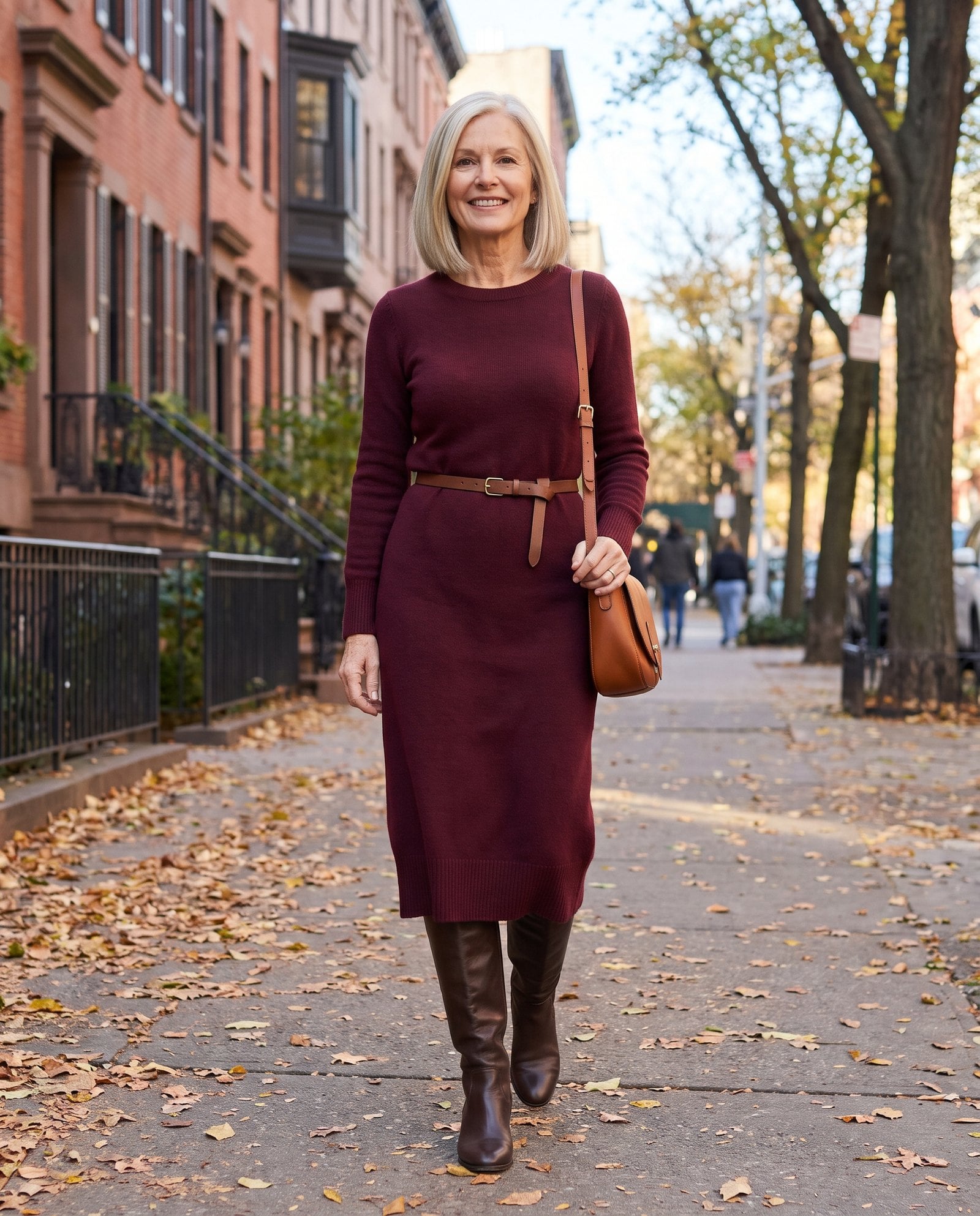 Woman in a burgundy midi dress and boots