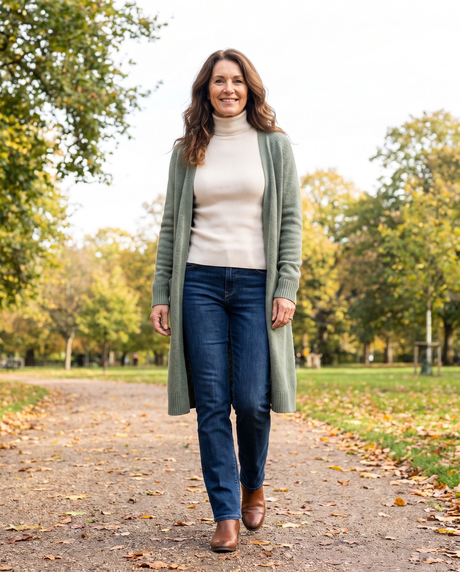 Woman in a cream outfit with a sage cardigan
