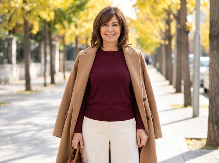 Woman in a burgundy sweater and camel coat in autumn