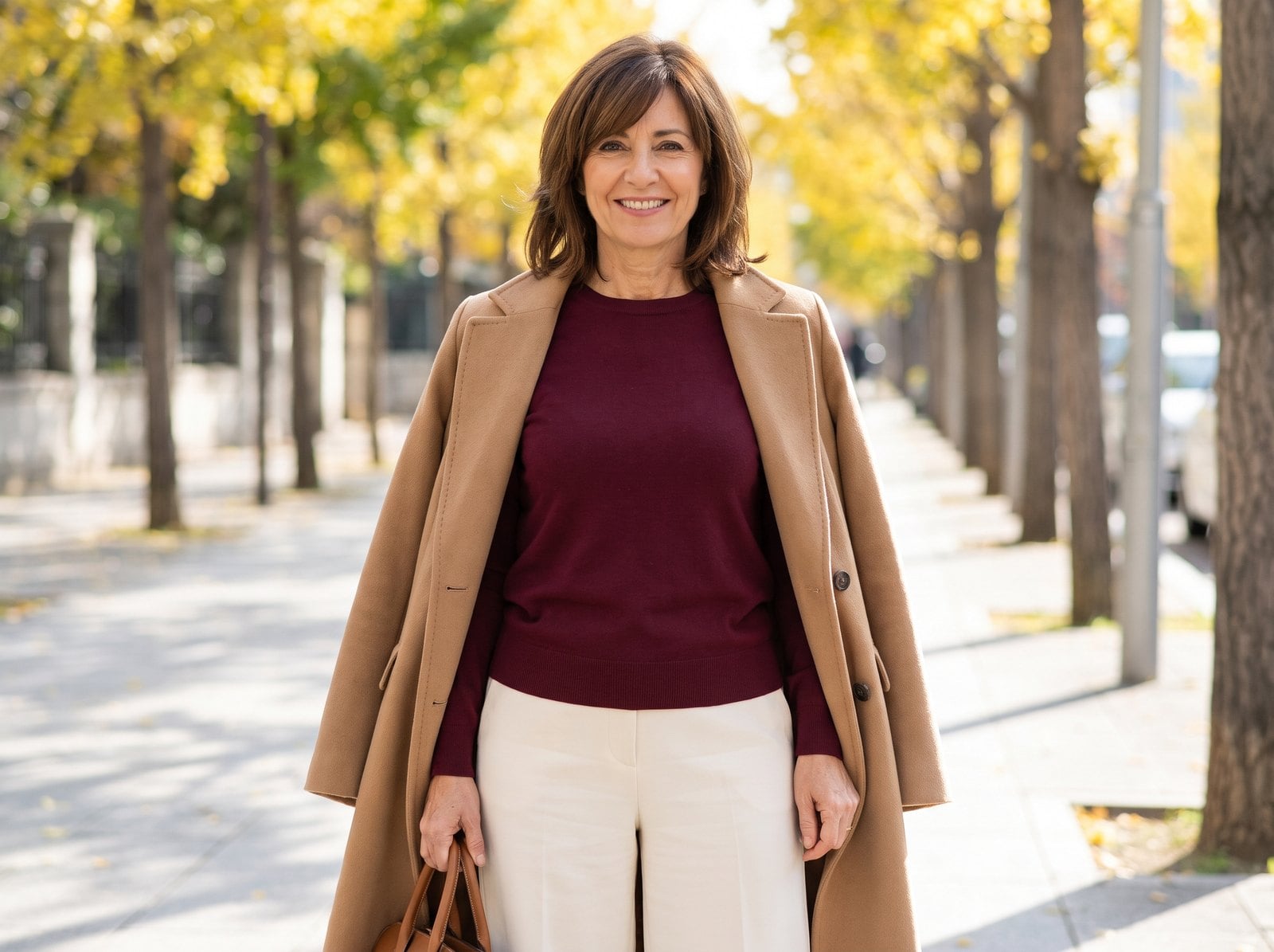 Woman in a burgundy sweater and camel coat in autumn