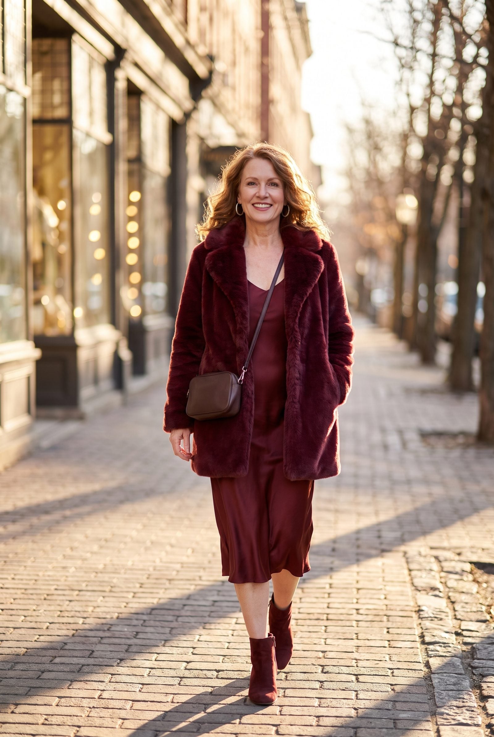 Burgundy Faux-Fur Coat Over a Slip Dress