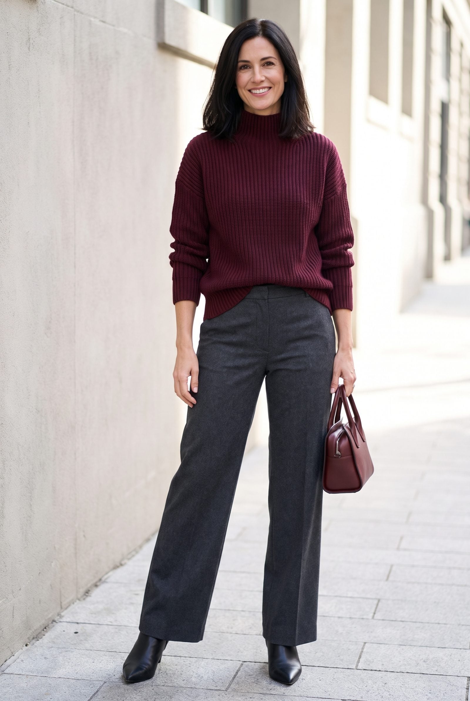 Burgundy Funnel-Neck Sweater + Charcoal Wide-Leg Trousers