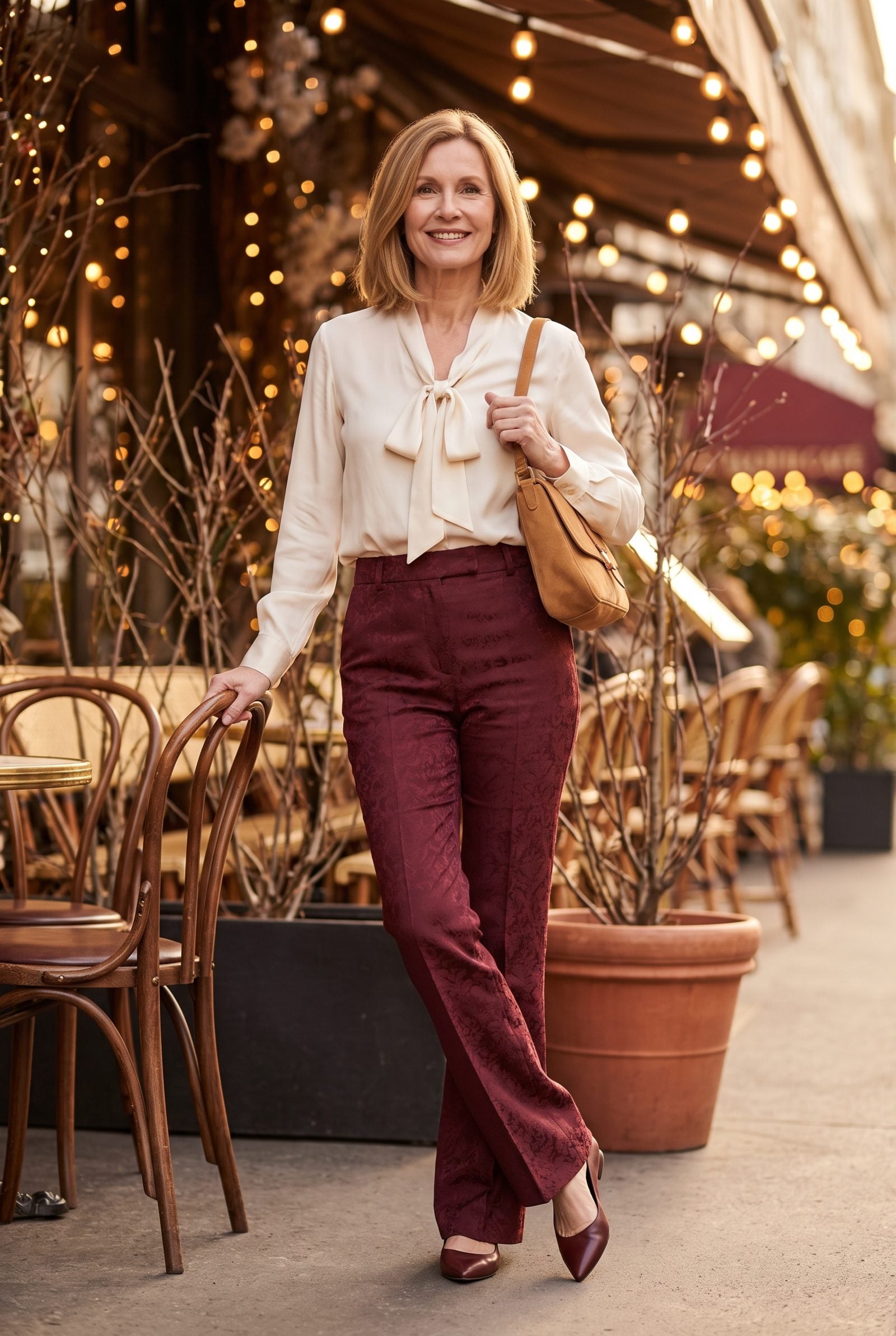 Burgundy Jacquard Trousers With a Cream Bow Blouse
