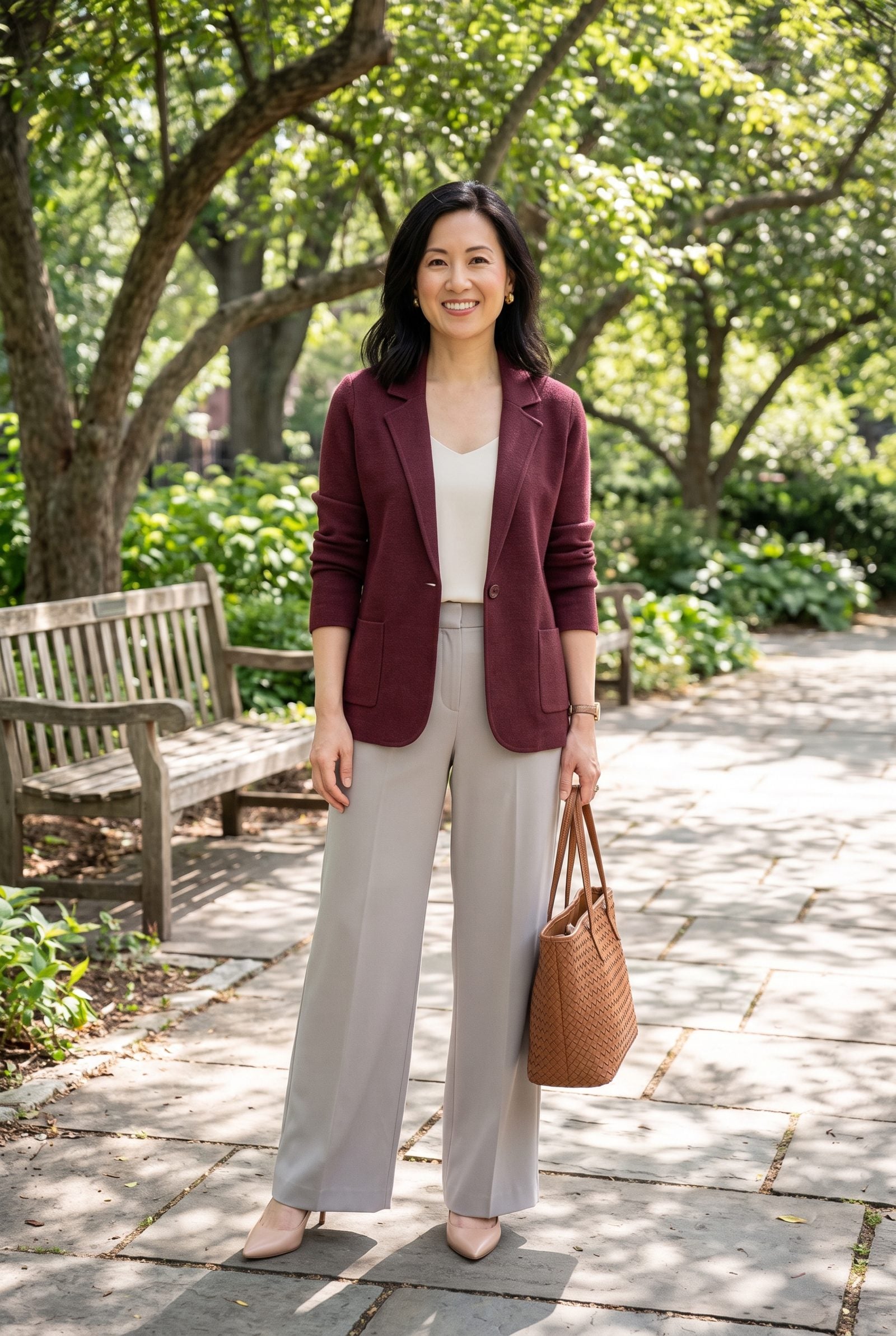 Burgundy Knit Blazer + Stone Wide-Leg Pants