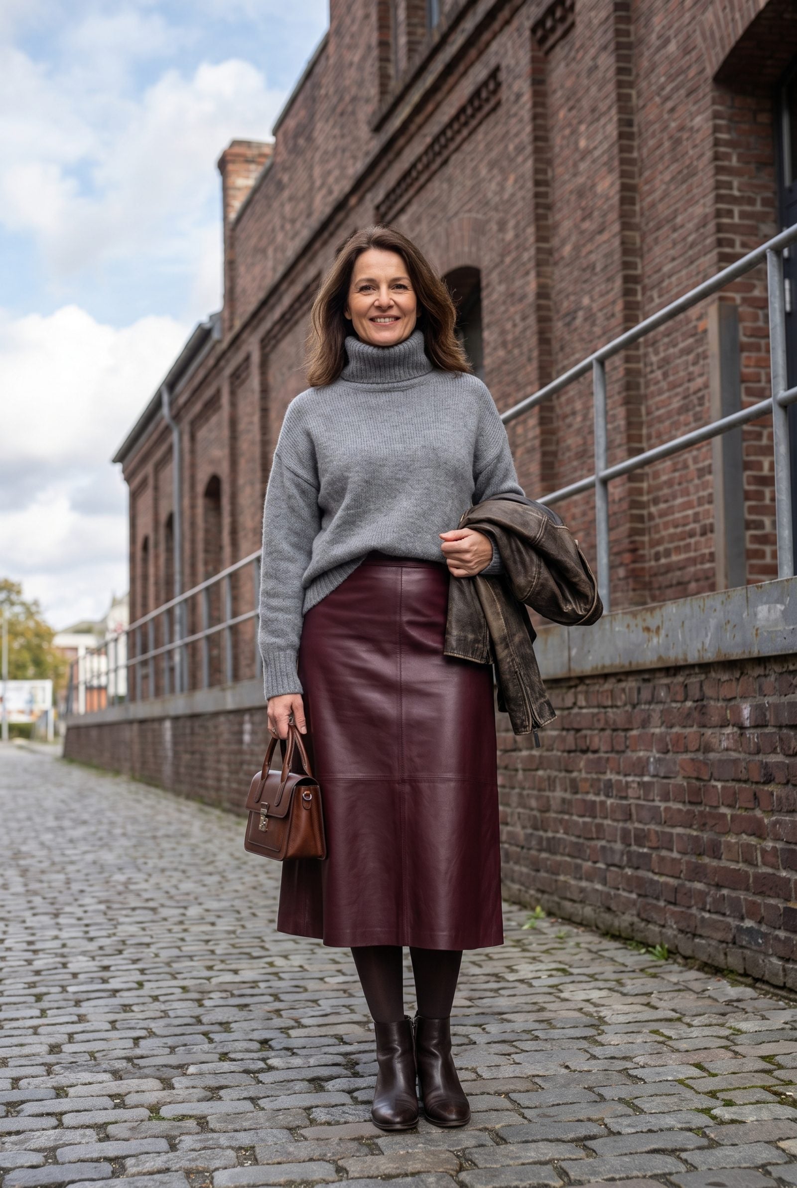 Burgundy Leather Skirt With a Soft Gray Turtleneck