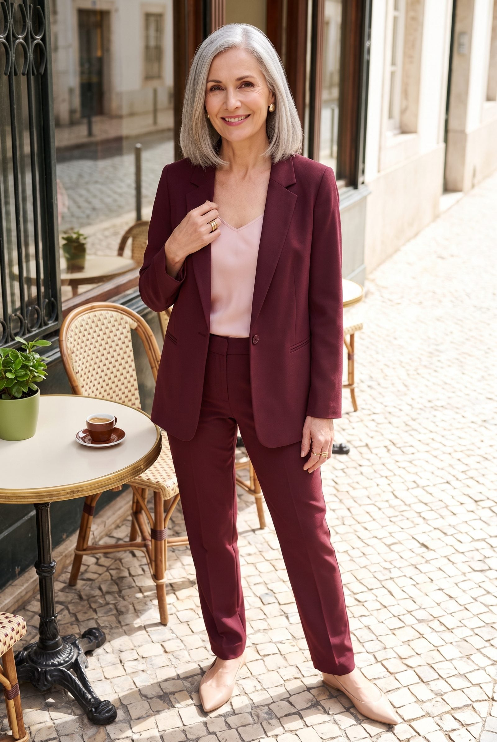 Burgundy Pantsuit With a Washable Silk Camisole