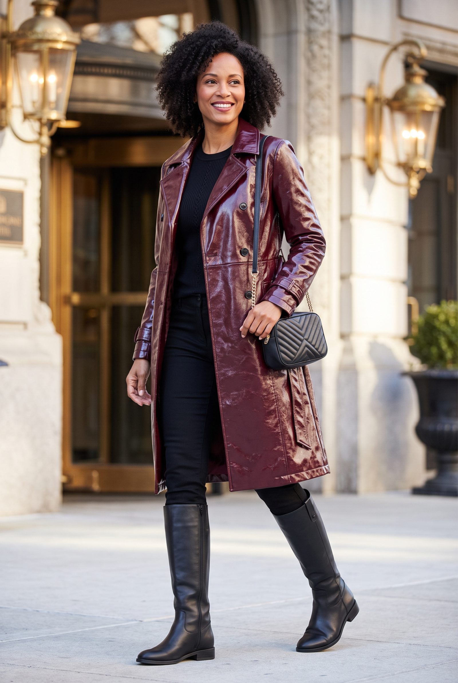 Burgundy Patent Trench + Black Riding Boots