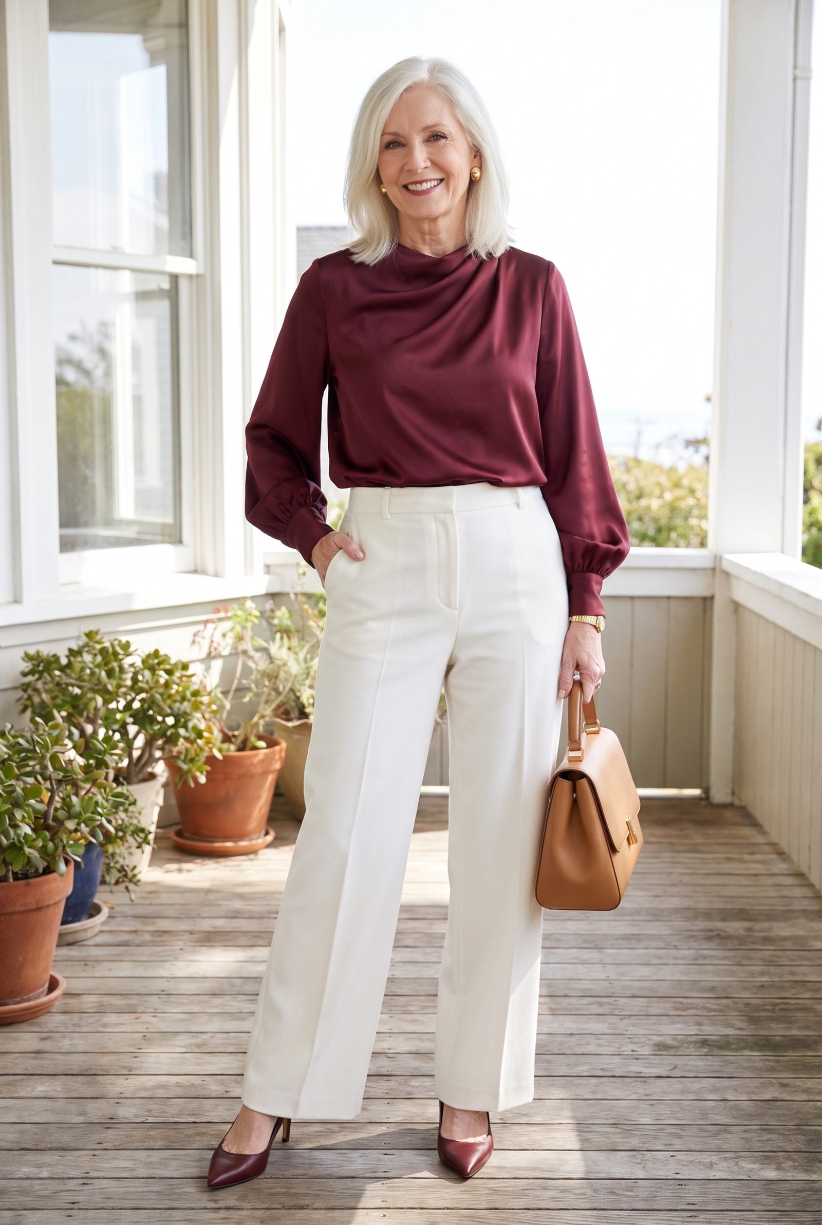 Burgundy Satin Blouse With Winter-White Trousers