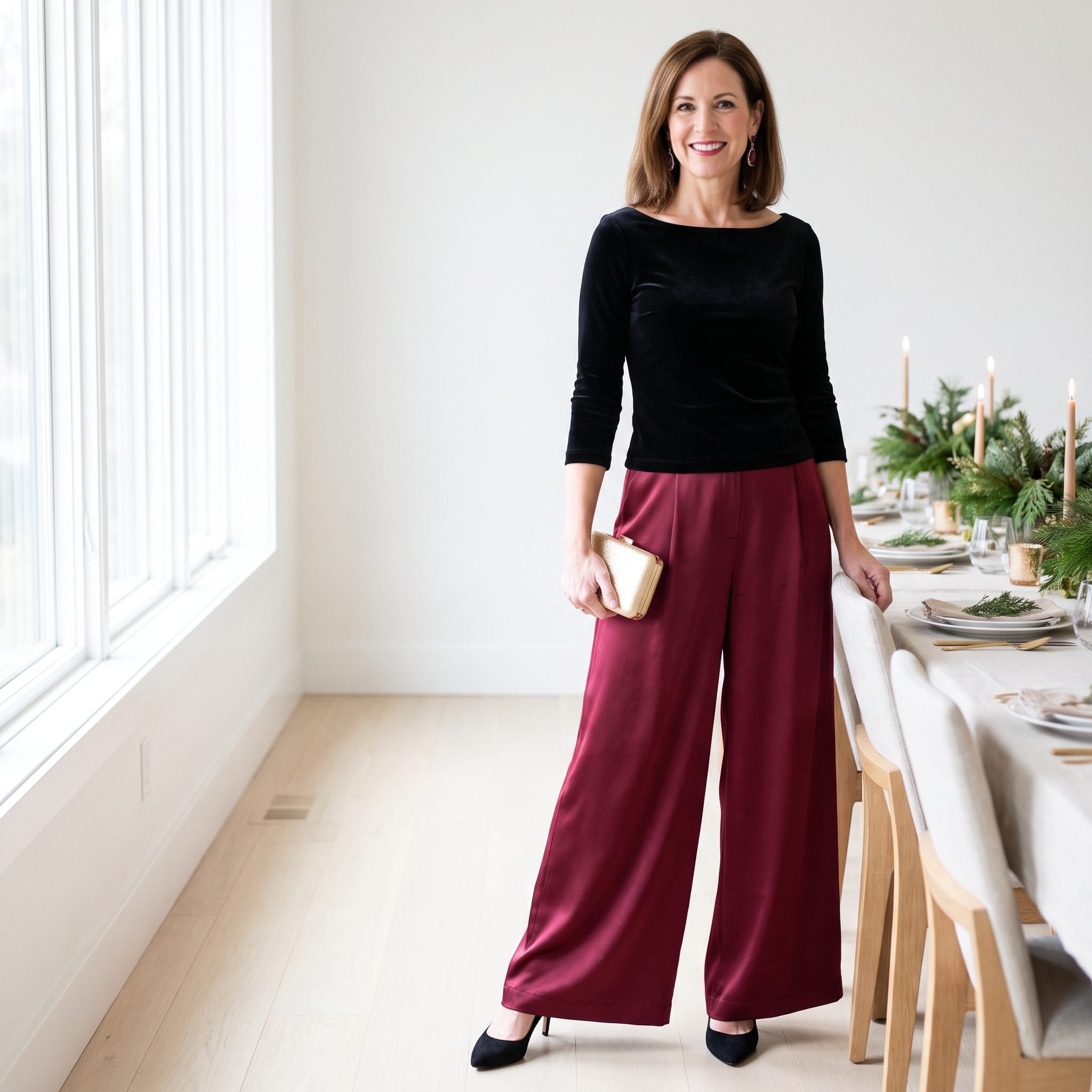 Burgundy Satin Palazzo Pants With a Neckline That Does the Heavy Lifting
