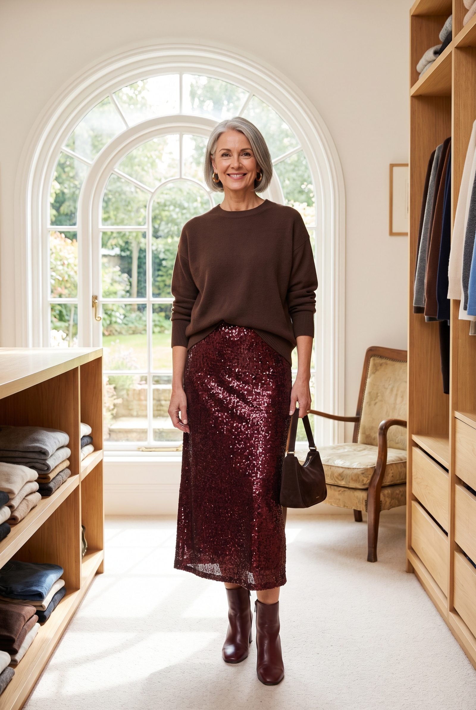 Burgundy Sequin Skirt With a Chocolate Knit