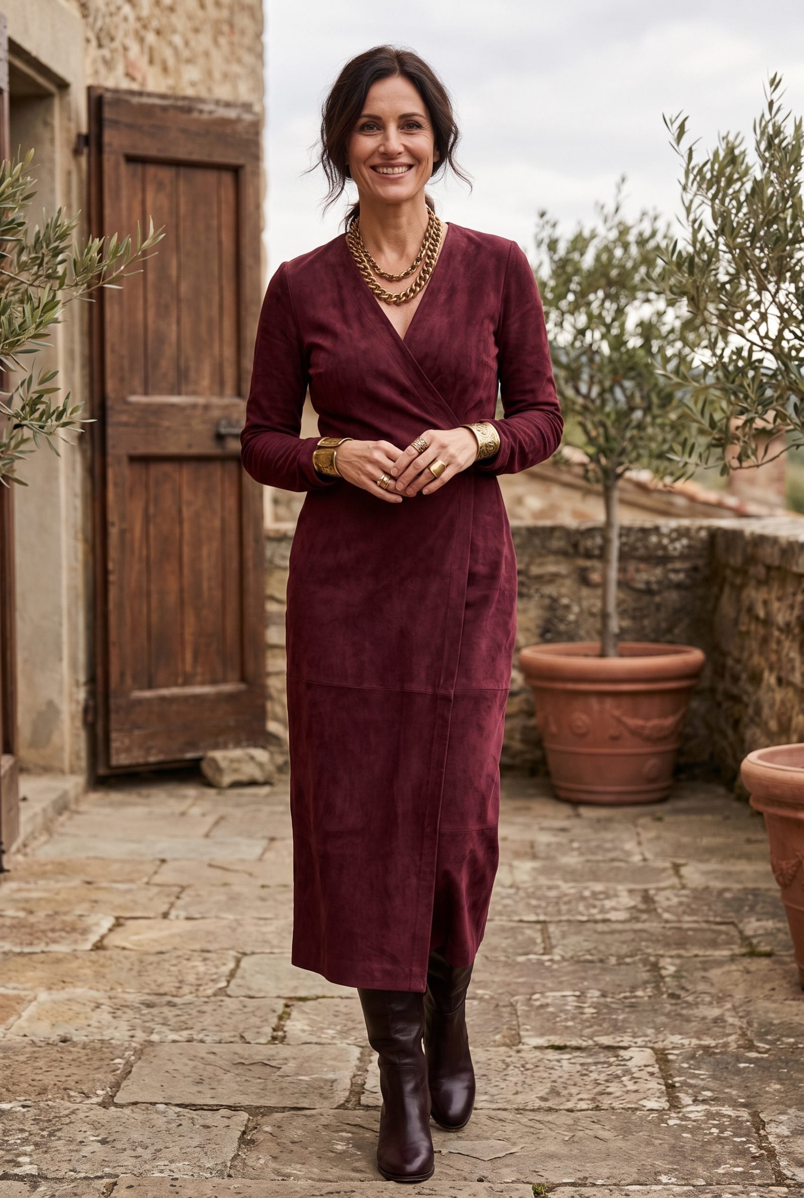 Burgundy Suede Dress With Antique-Gold Jewelry