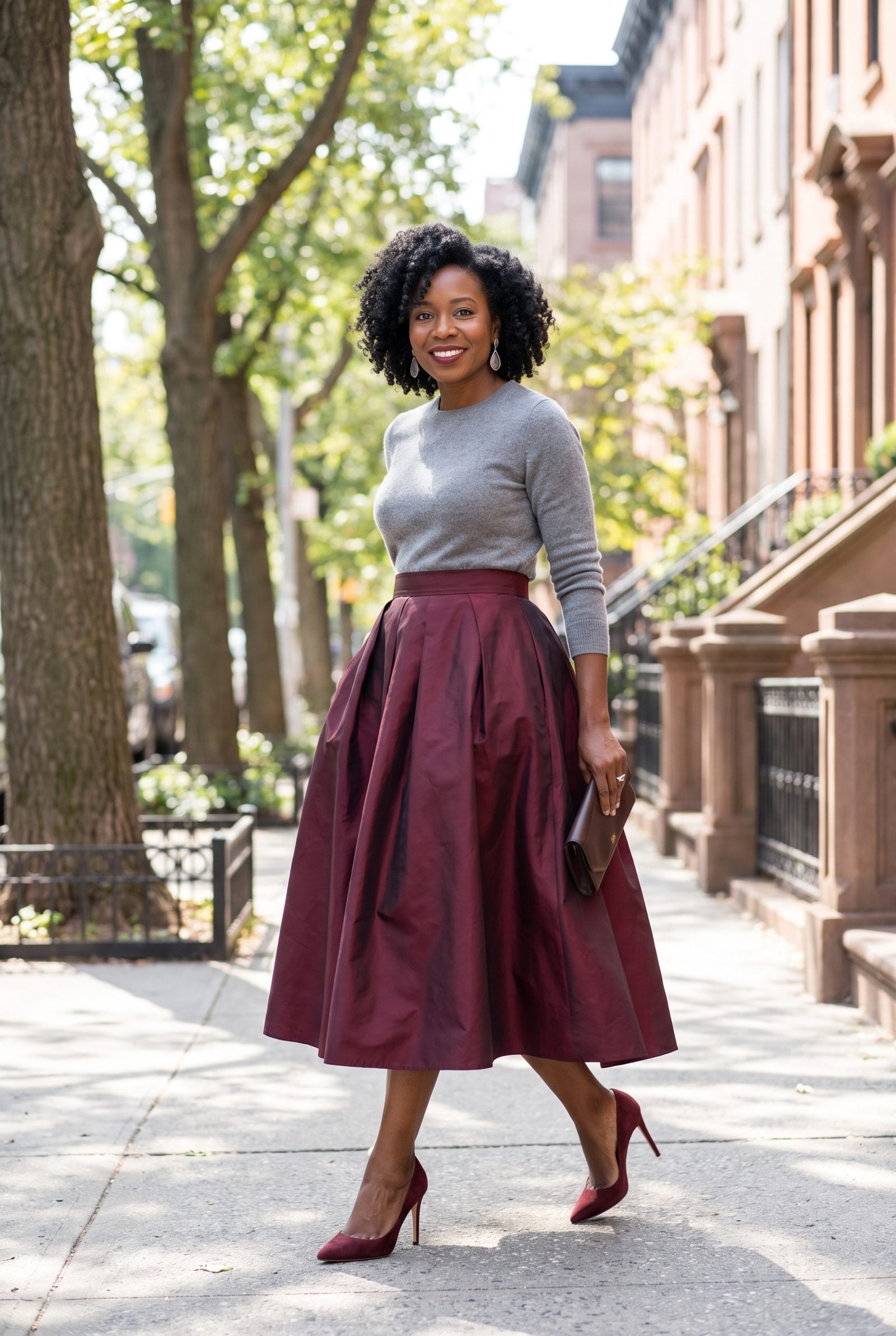 Burgundy Taffeta Skirt With a Fitted Gray Sweater