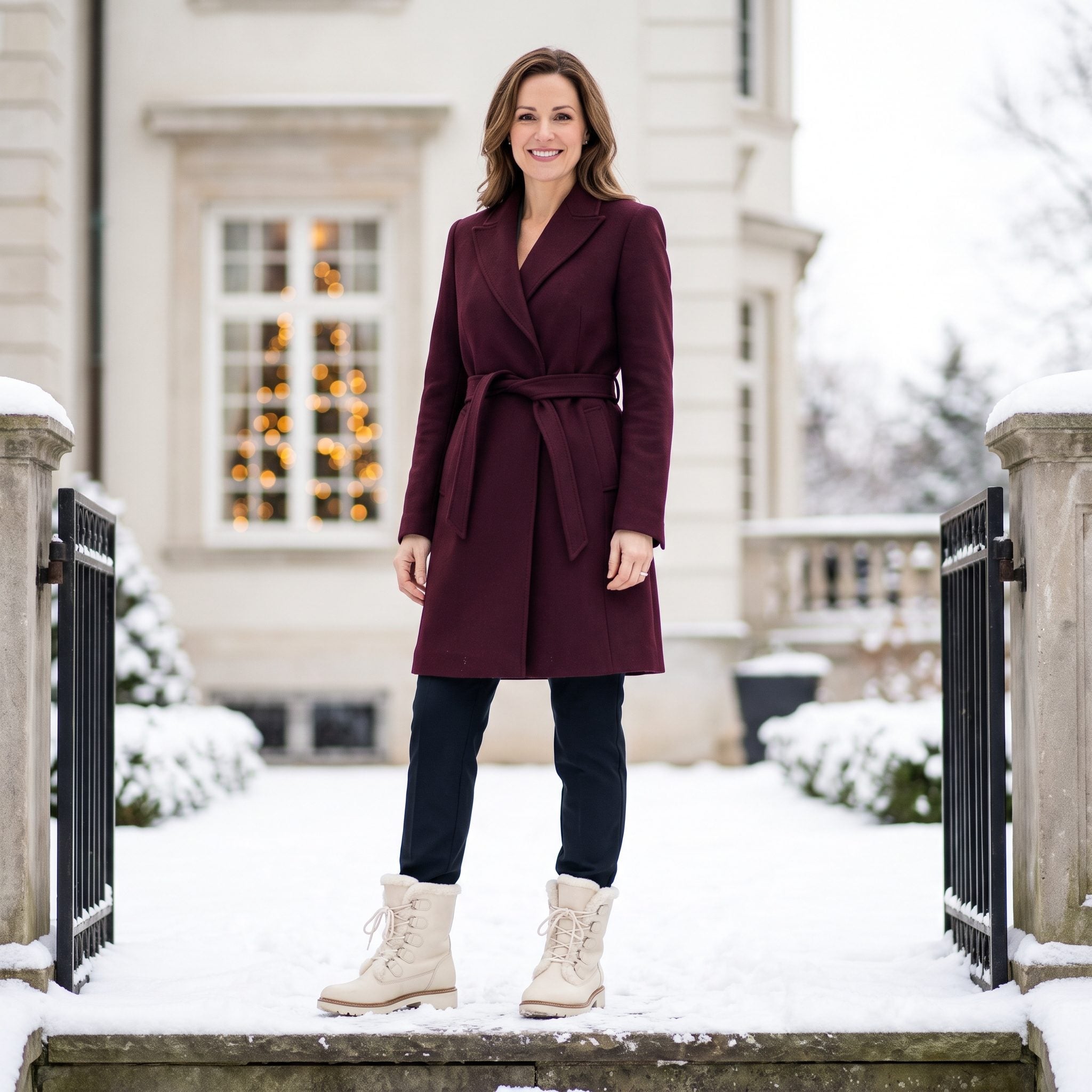 Burgundy tuxedo coat styled with ivory snow boots