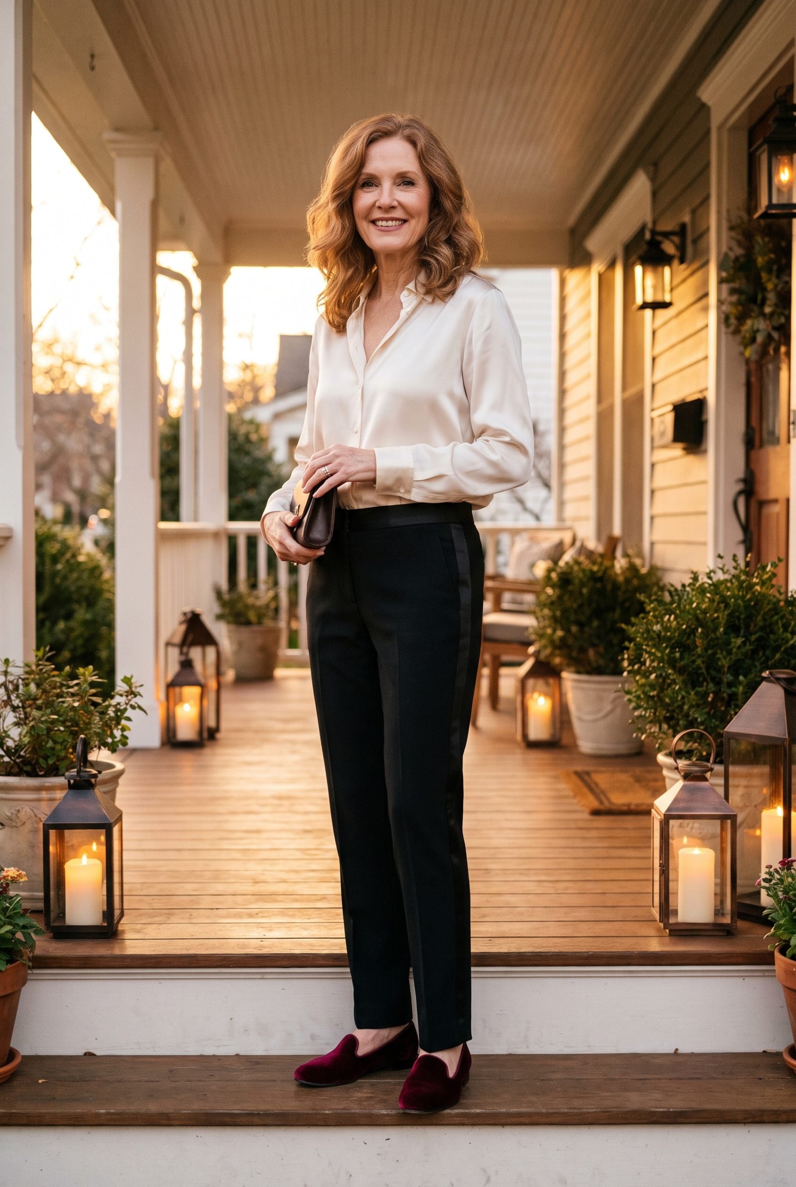 Burgundy Velvet Loafers With Black Tuxedo Trousers and an Ivory Silk Blouse
