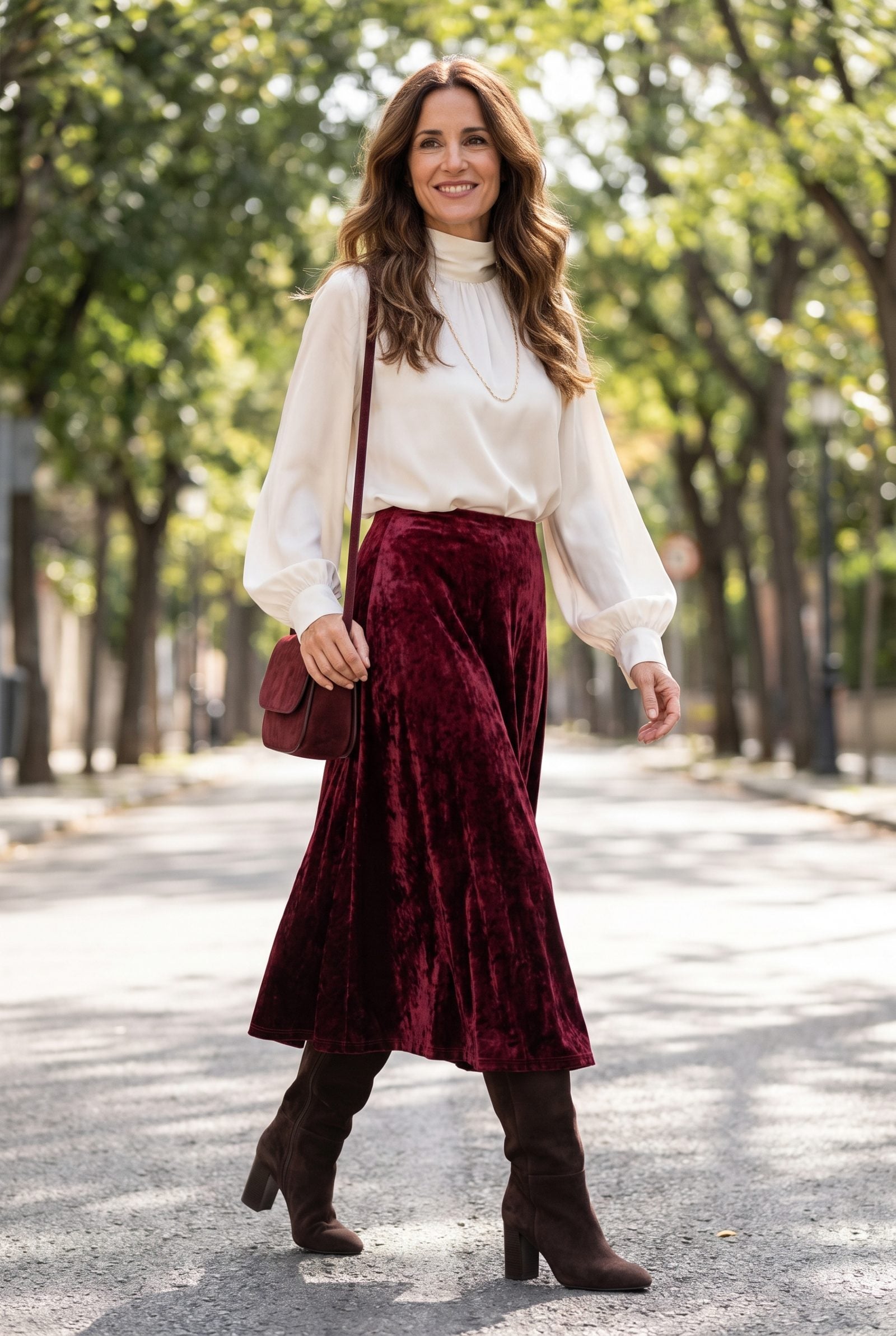 Burgundy Velvet Midi Skirt With an Ivory Blouse