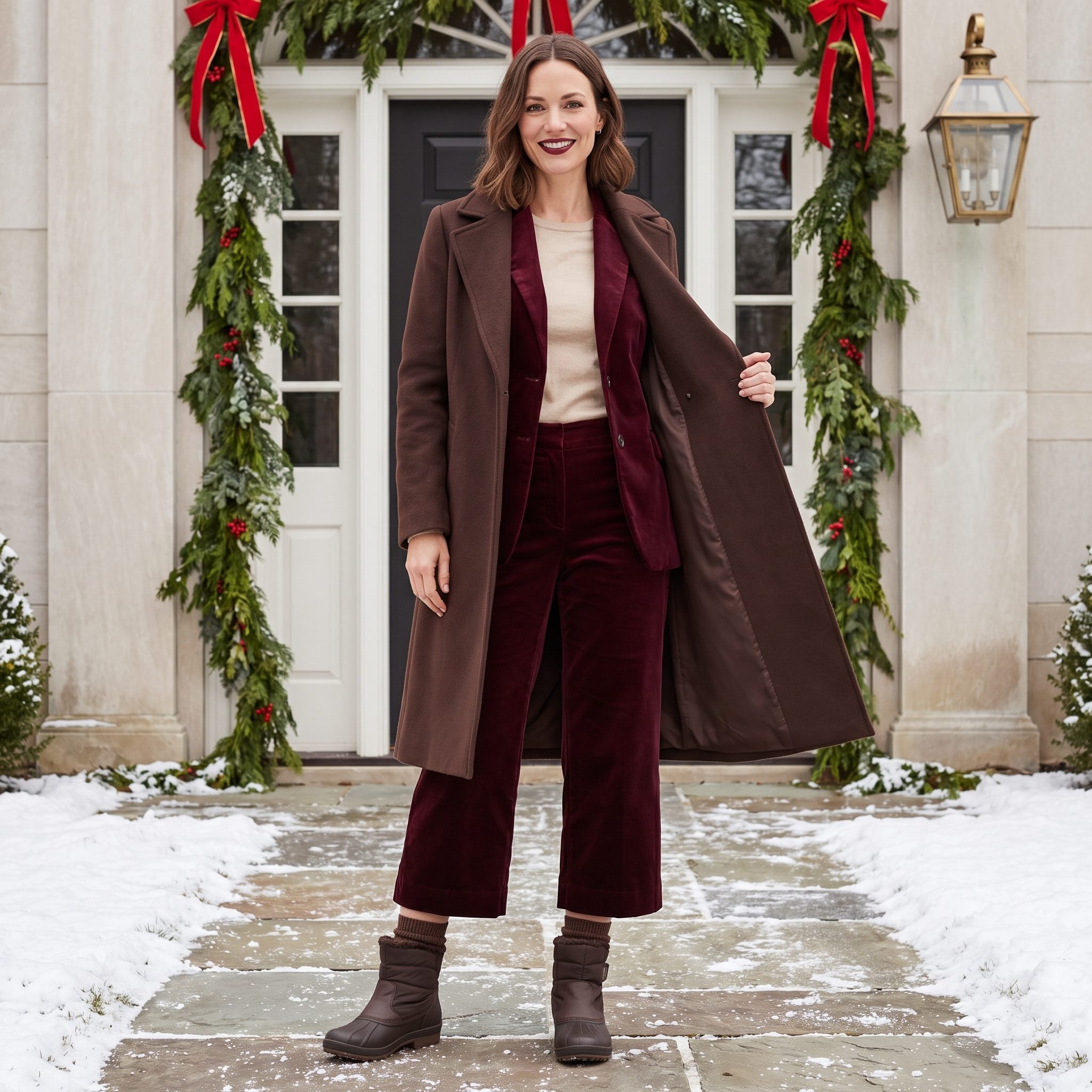 Burgundy velvet separates with espresso winter boots