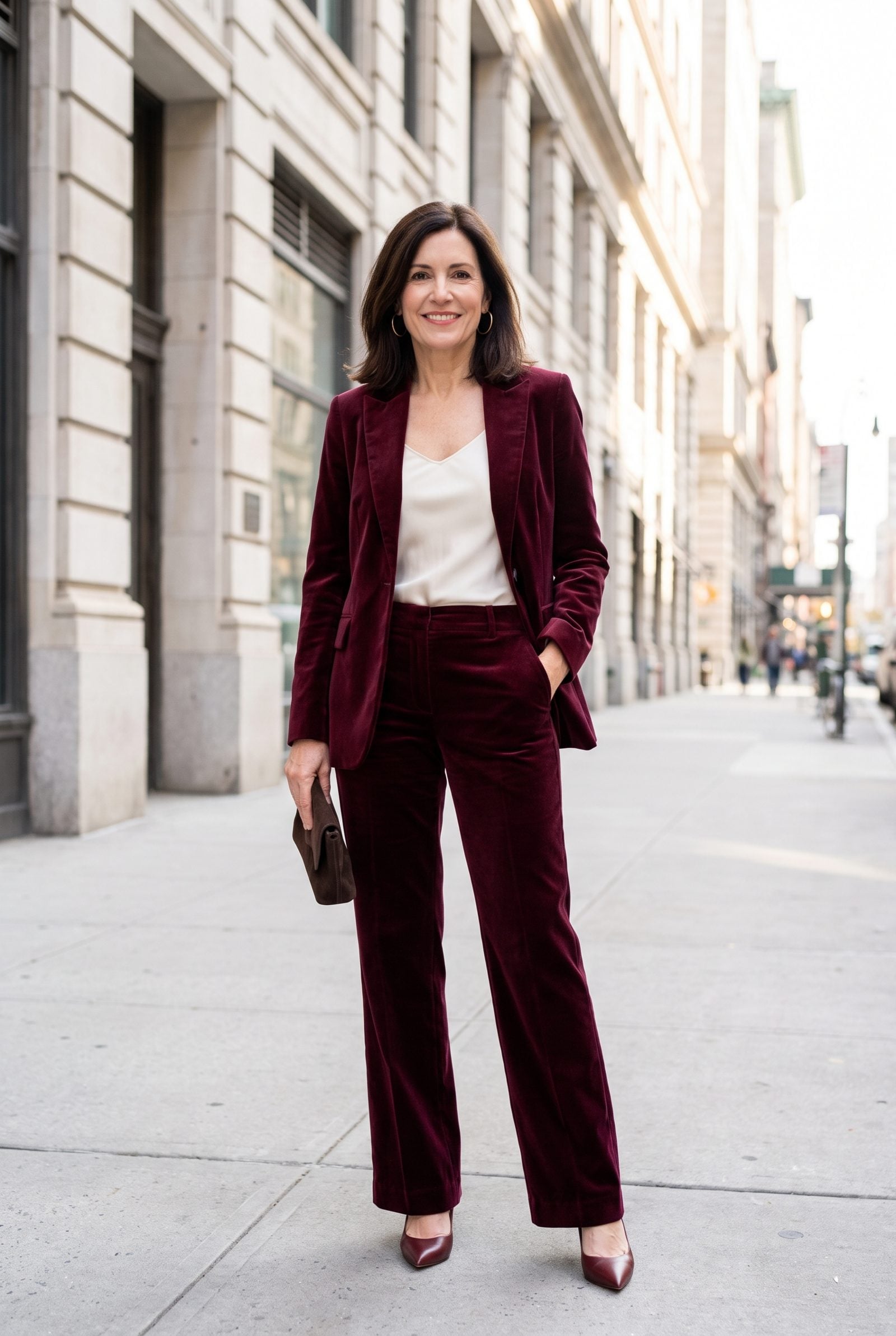 Burgundy Velvet Suit With an Ivory Silk Camisole