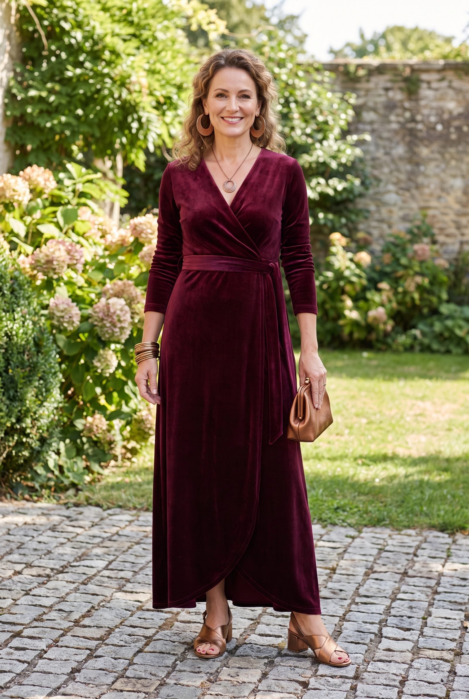 Burgundy Velvet Wrap Dress With Bronze Accessories