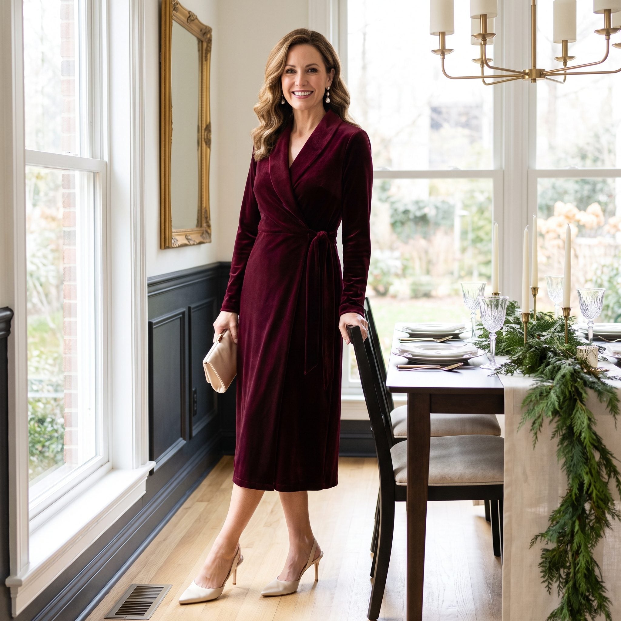 Burgundy velvet wrap dress styled with champagne silk accessories