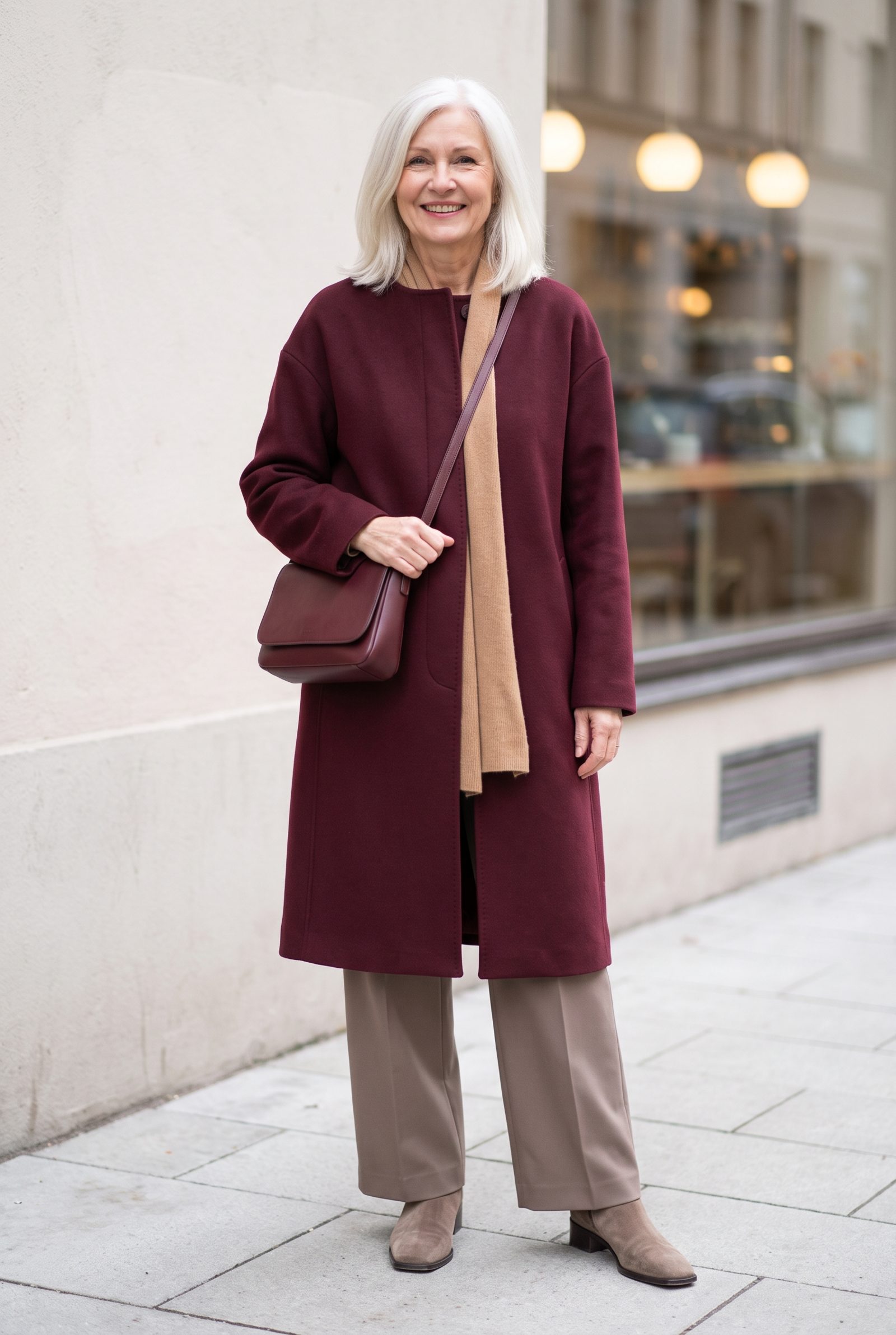 Burgundy Wool Coat + Taupe Square-Toe Boots