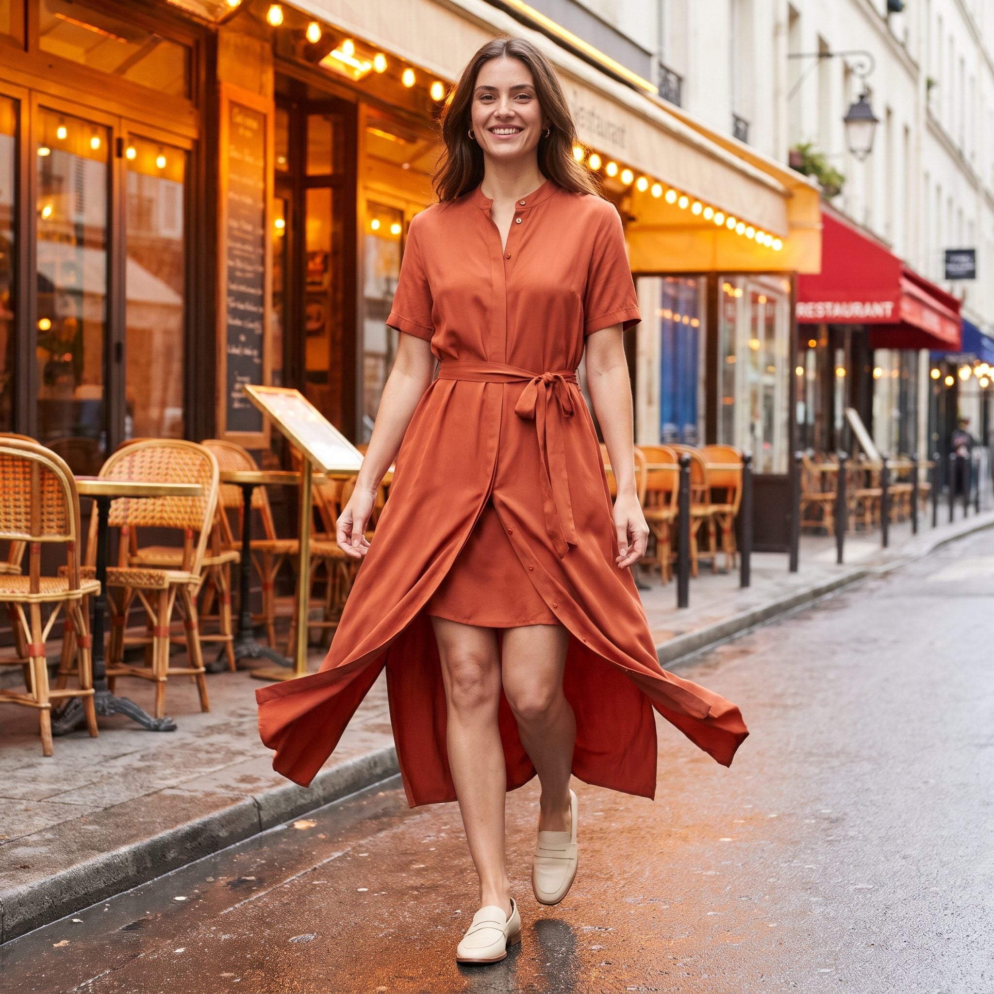 Burnt-Orange Cupro Shirt Dress with a Framed Front Opening