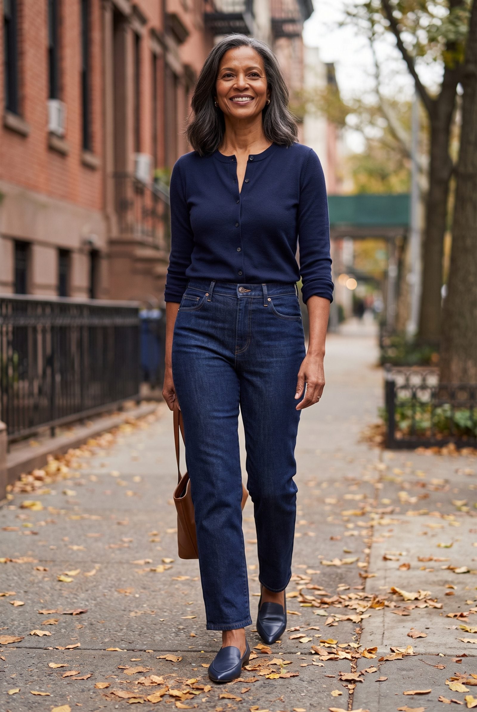 Buttoned Cardigan Worn as a Top with High-Rise Jeans