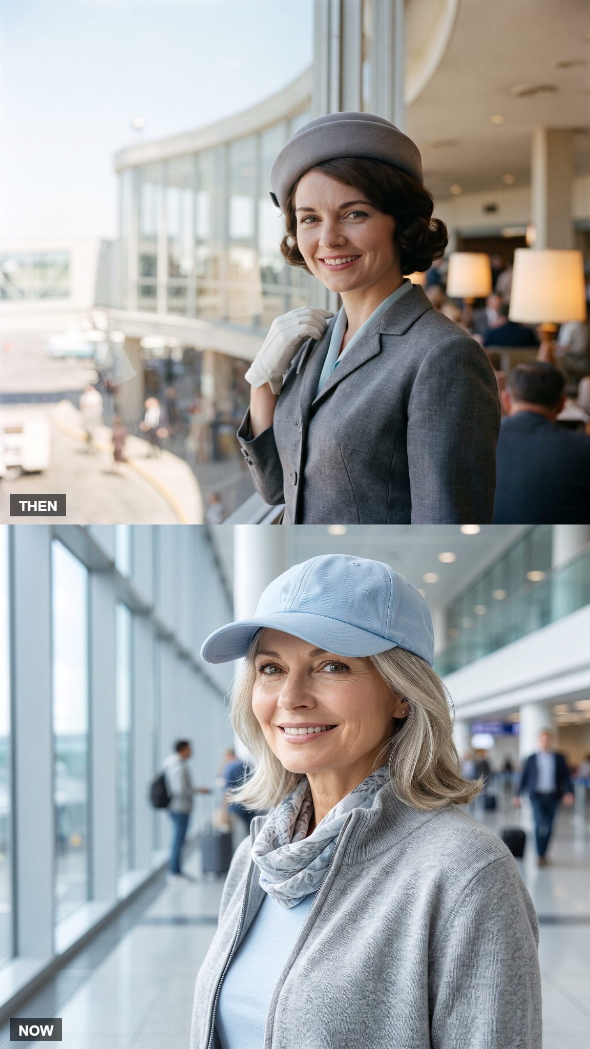 Vintage pillbox hat and gray suit compared with a modern pale-blue baseball cap and relaxed travel separates