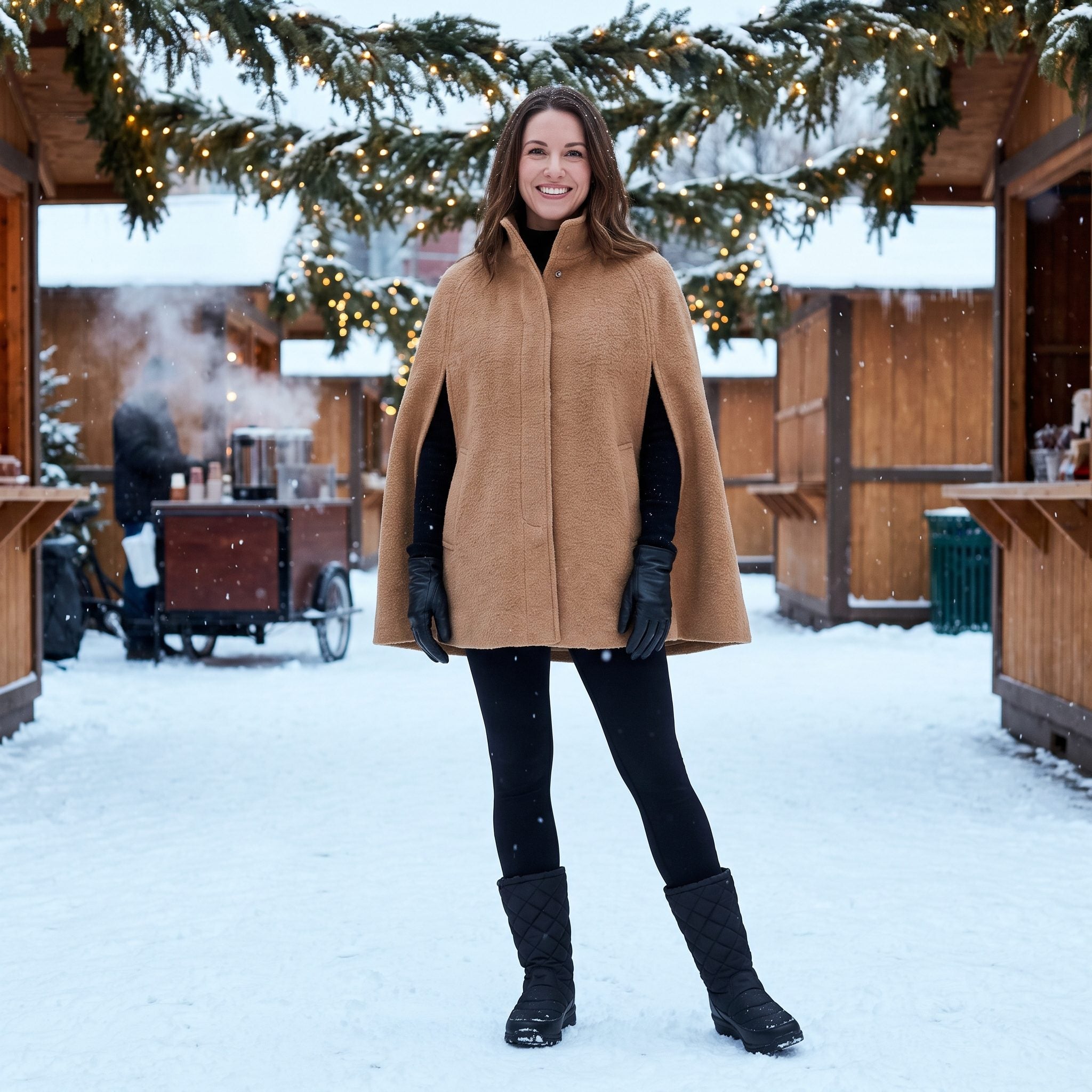 Camel cape worn with black quilted winter boots