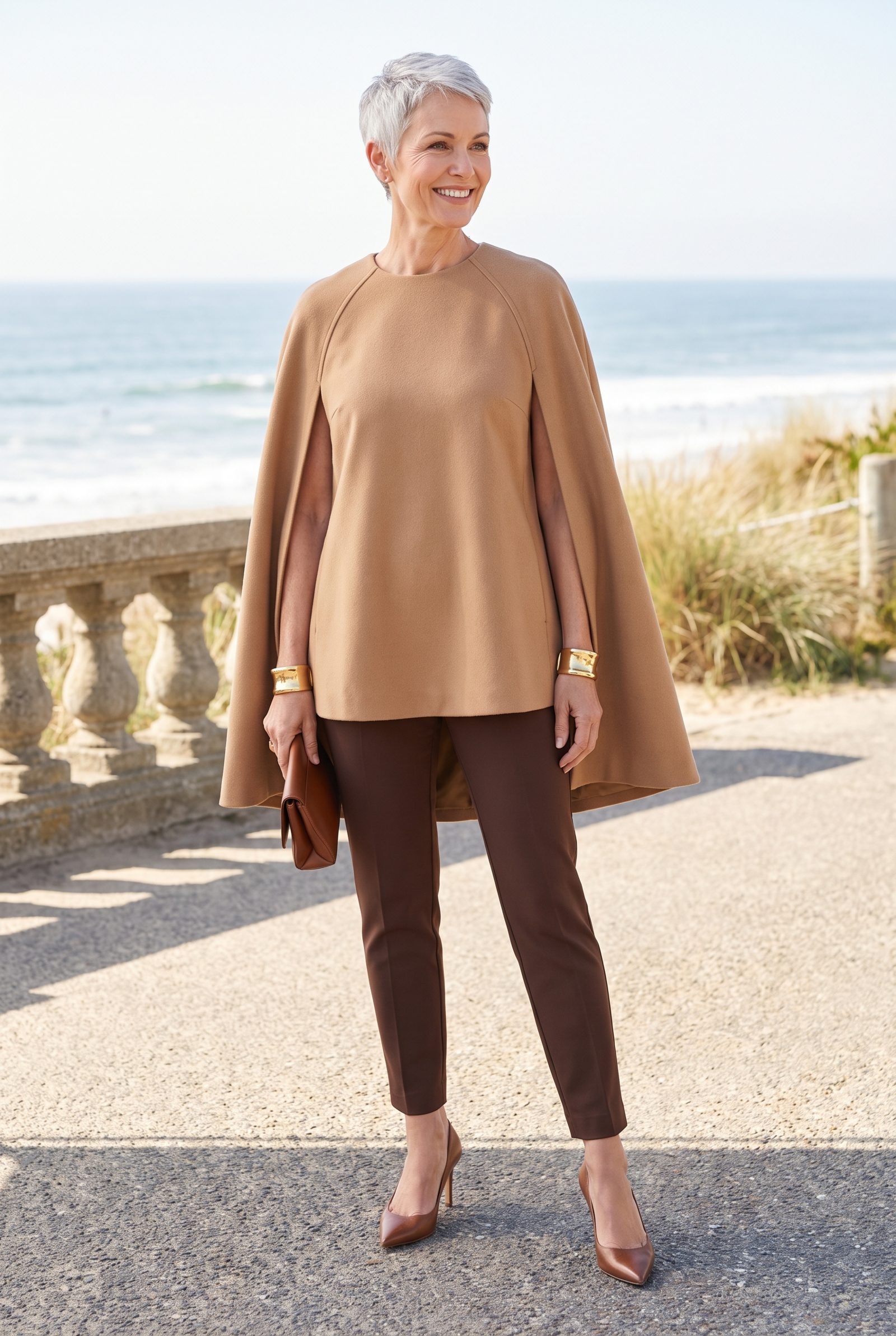 Camel Cape Top With Chocolate Cigarette Pants