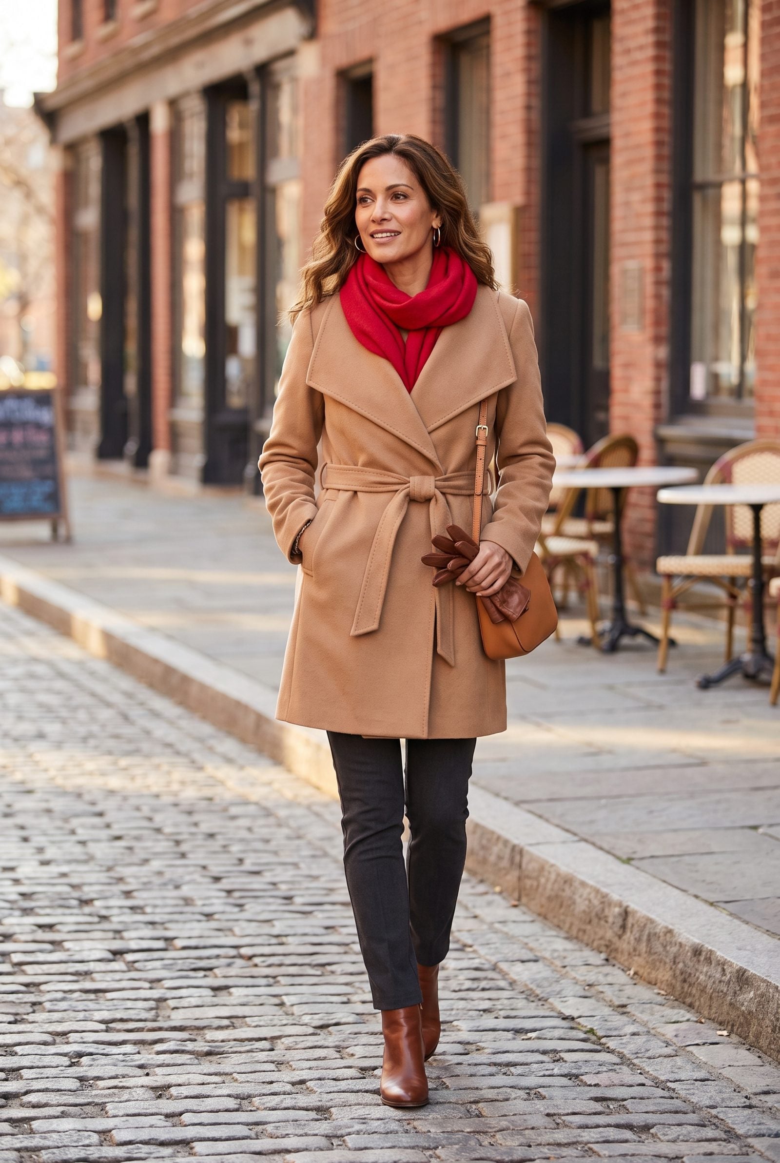 Camel Coat with a Cherry-Red Scarf