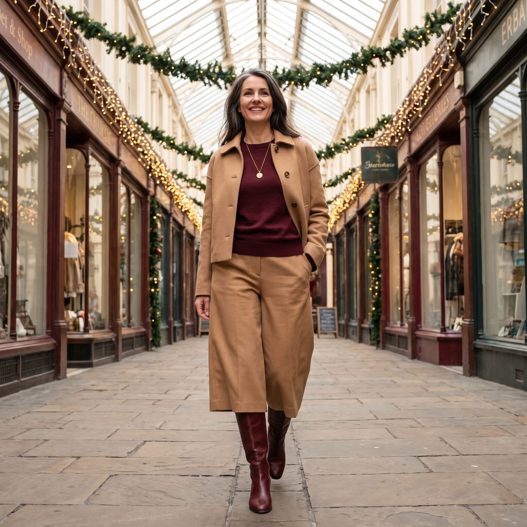 Camel Culottes with Tall Oxblood Boots