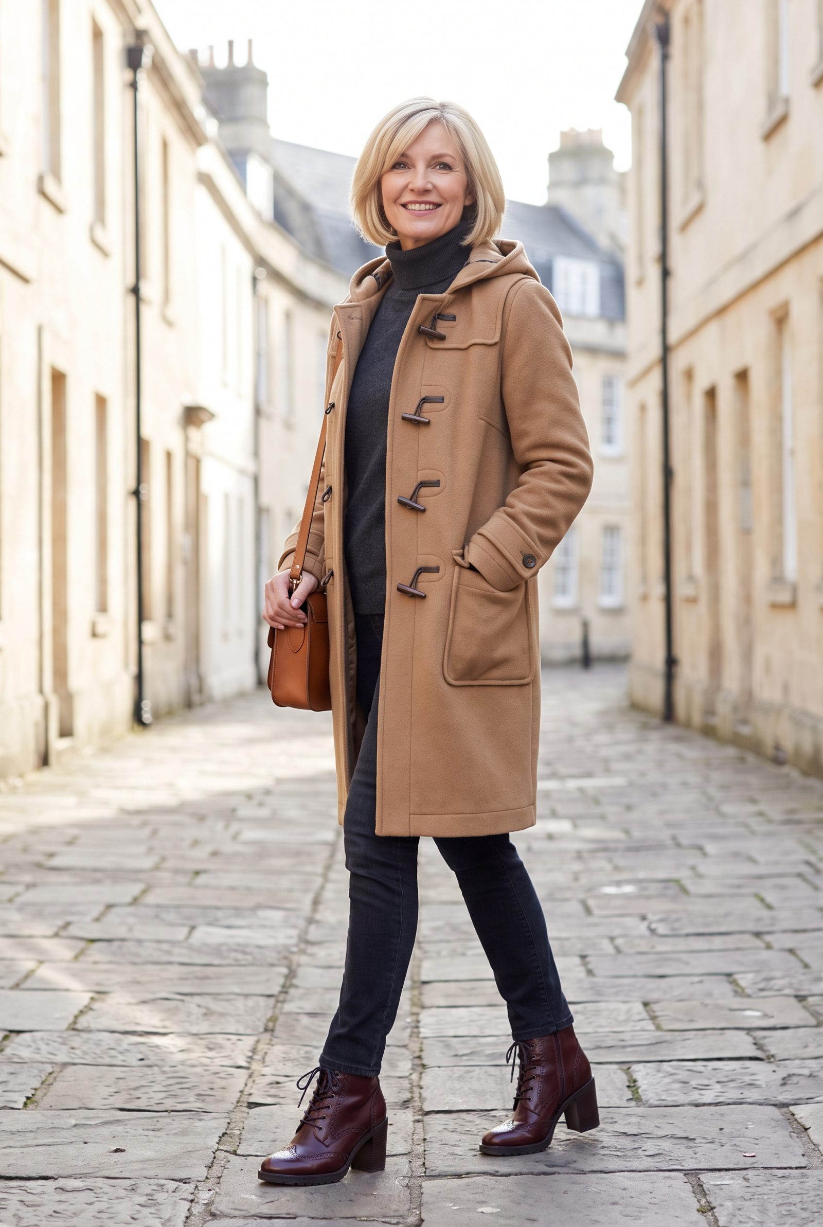 Camel Duffle Coat + Burgundy Lace-Up Boots