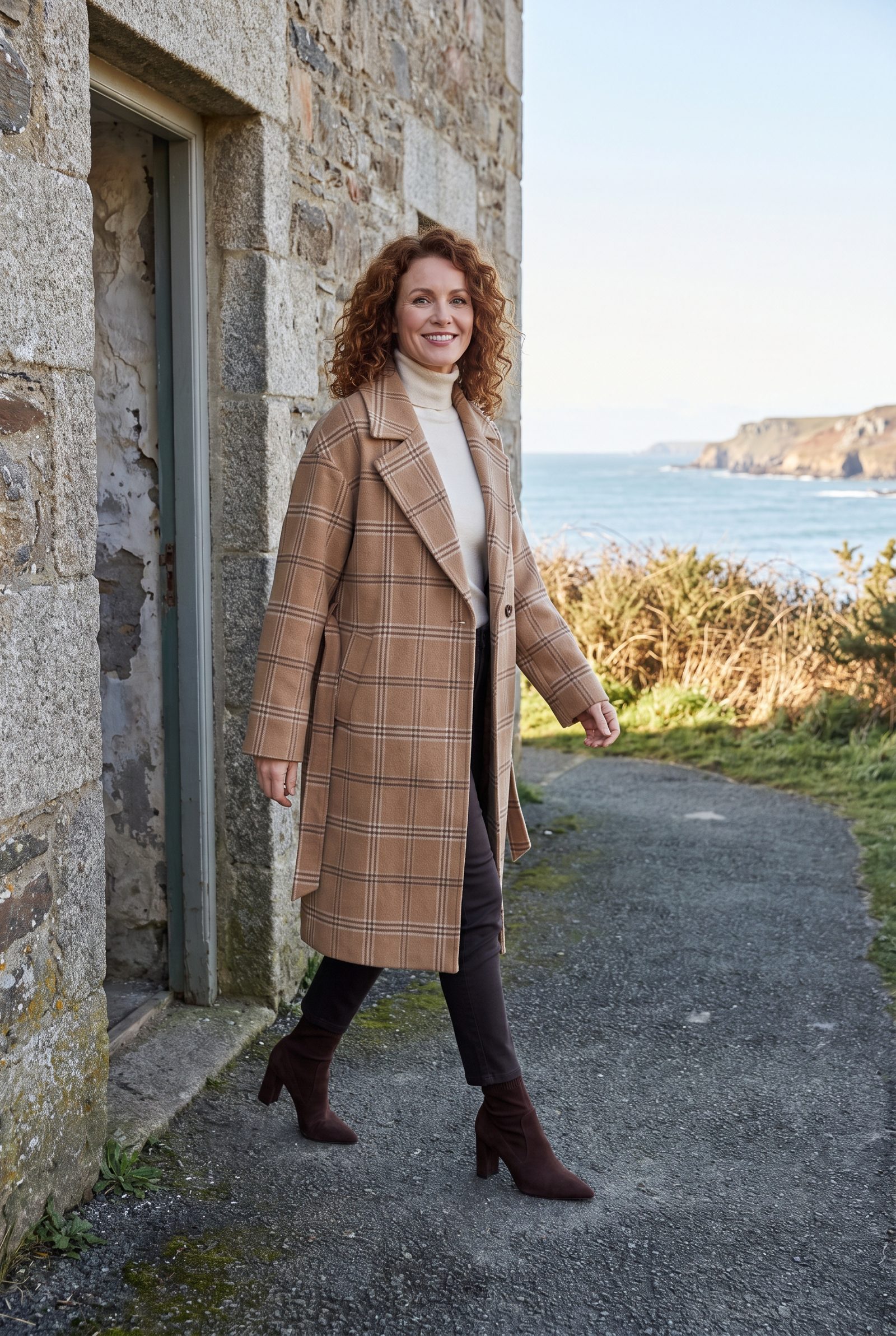 Camel Plaid Coat + Chocolate Sock Boots