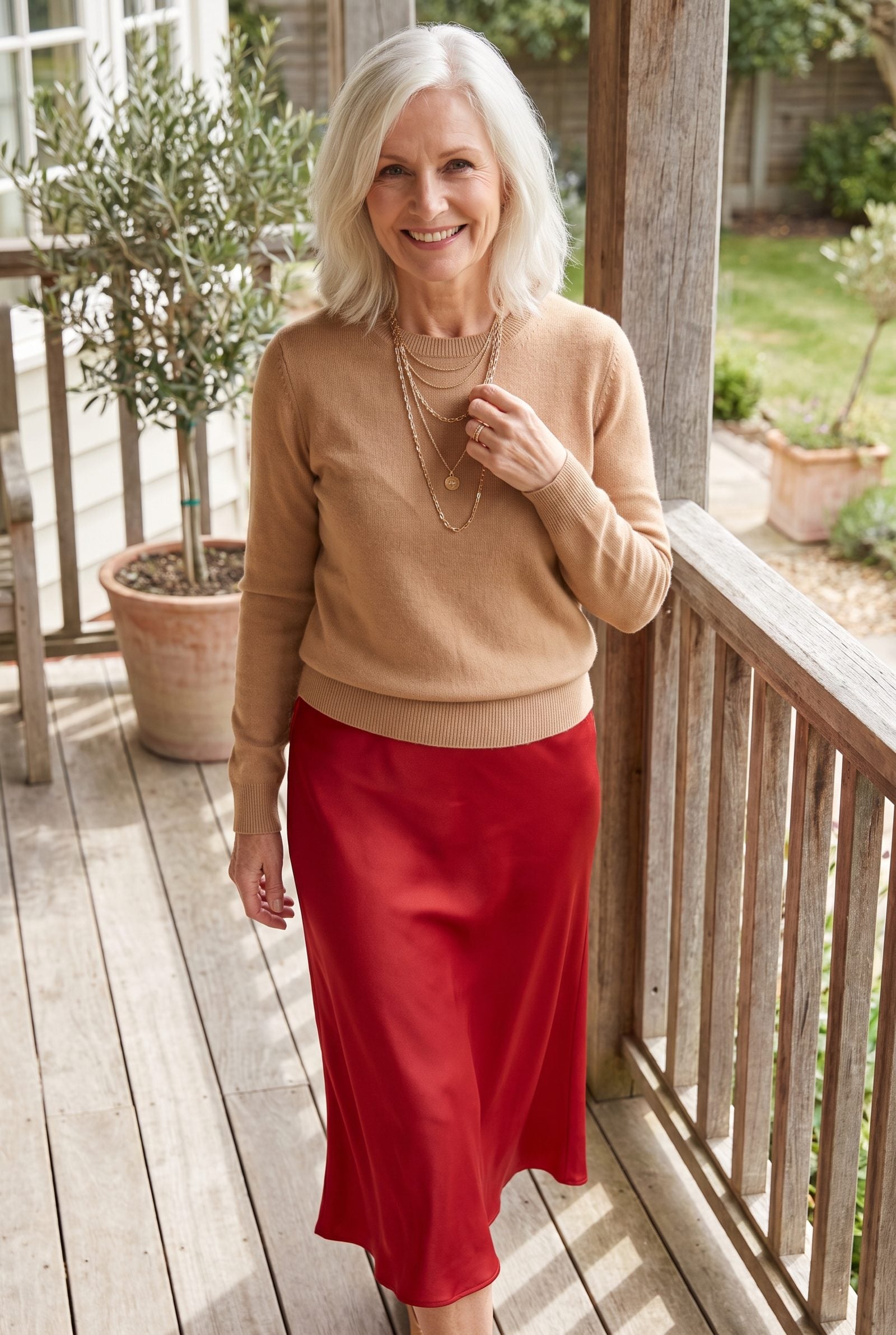 Camel Sweater and Red Satin Skirt With Layered Gold Chains