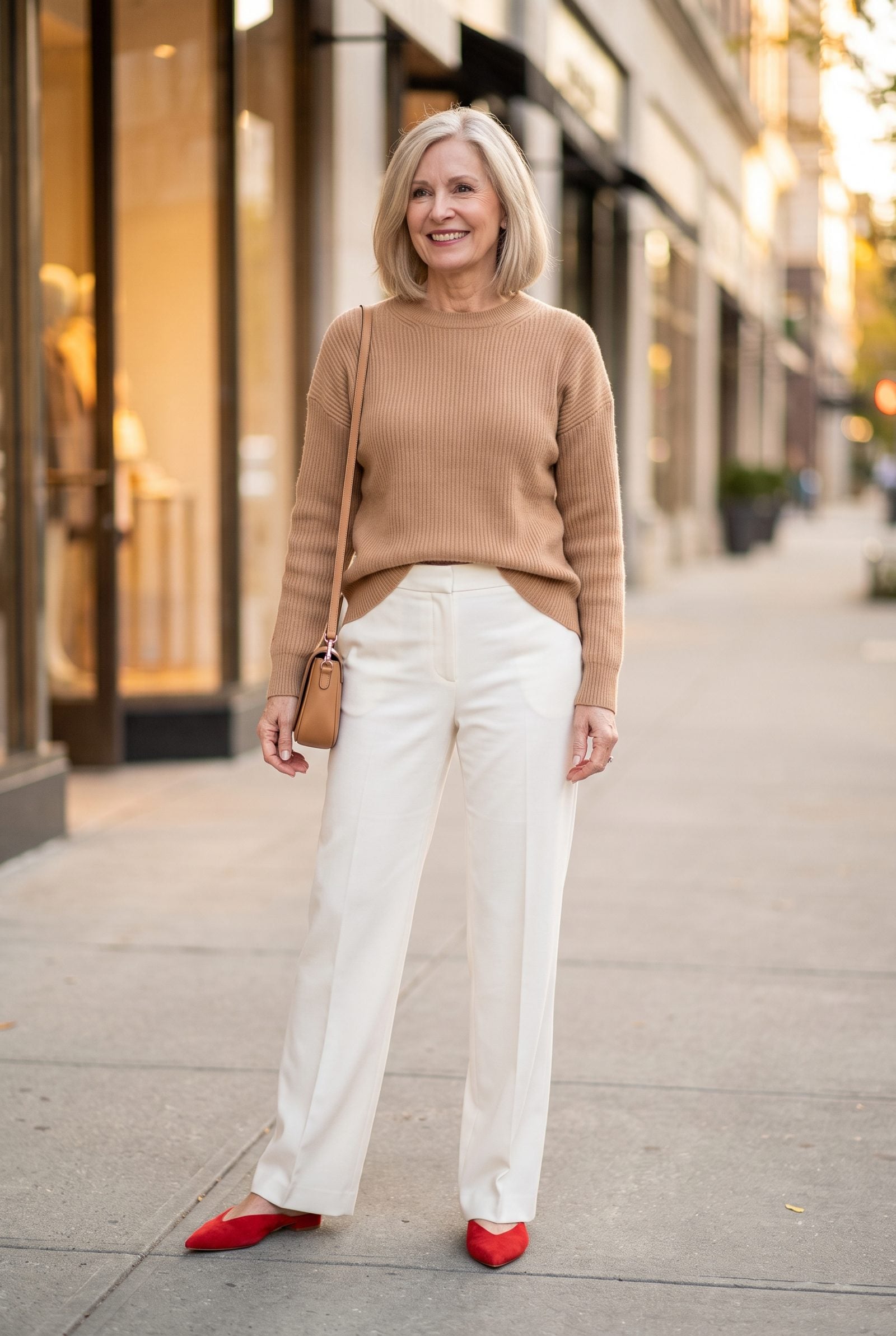 Camel Sweater and White Trousers With Red Mules