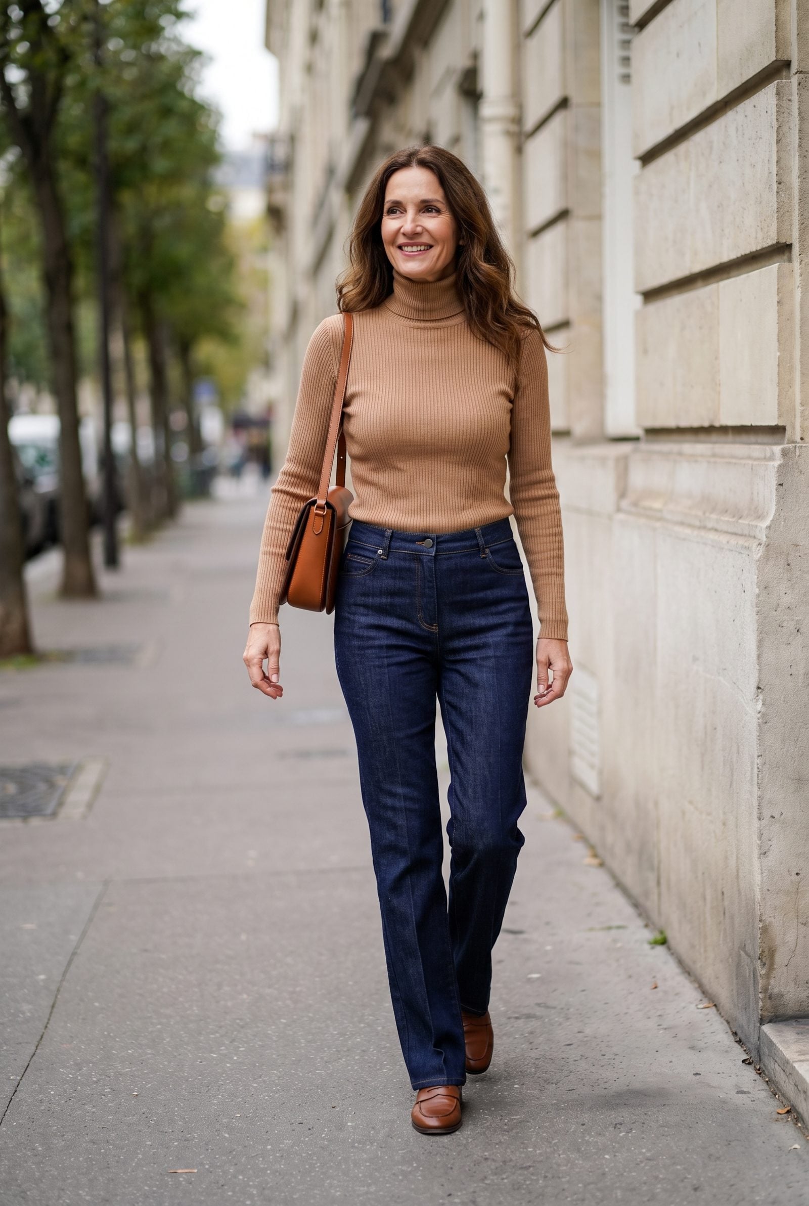 Camel Turtleneck + Indigo Trouser Jeans