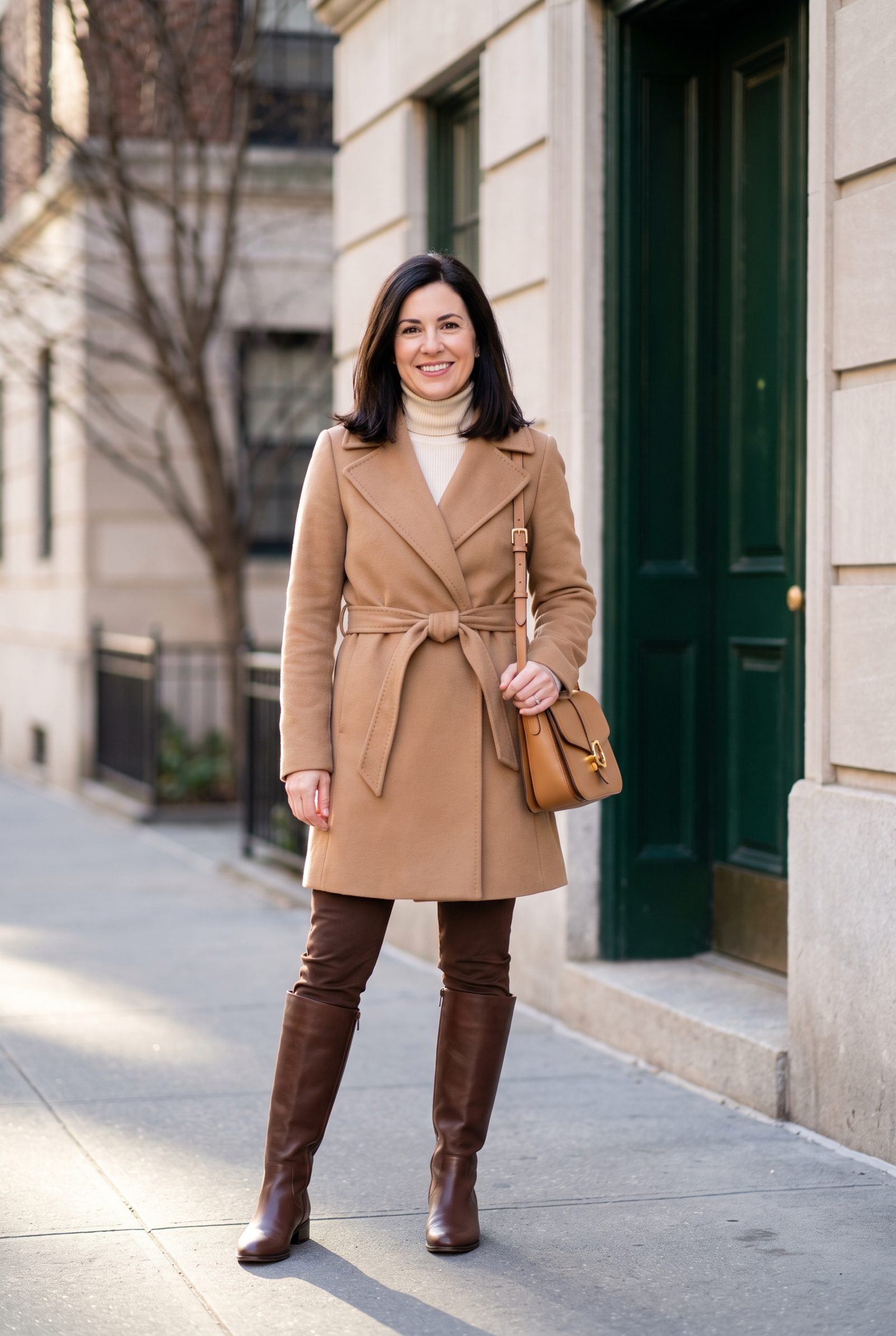 Camel Wrap Coat + Chocolate Knee-High Boots