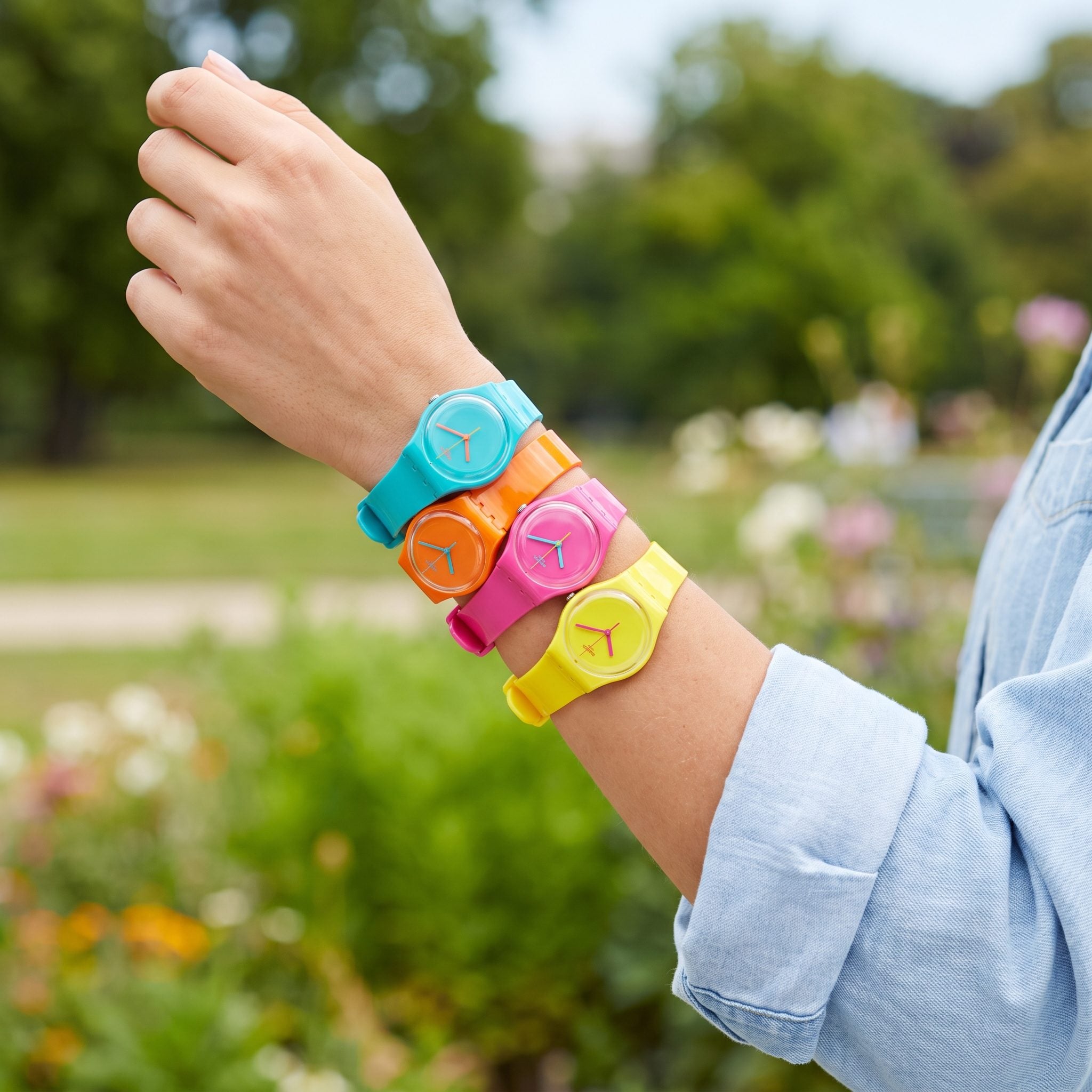 A Candy-Bright Swatch Watch Worn Like Jewelry