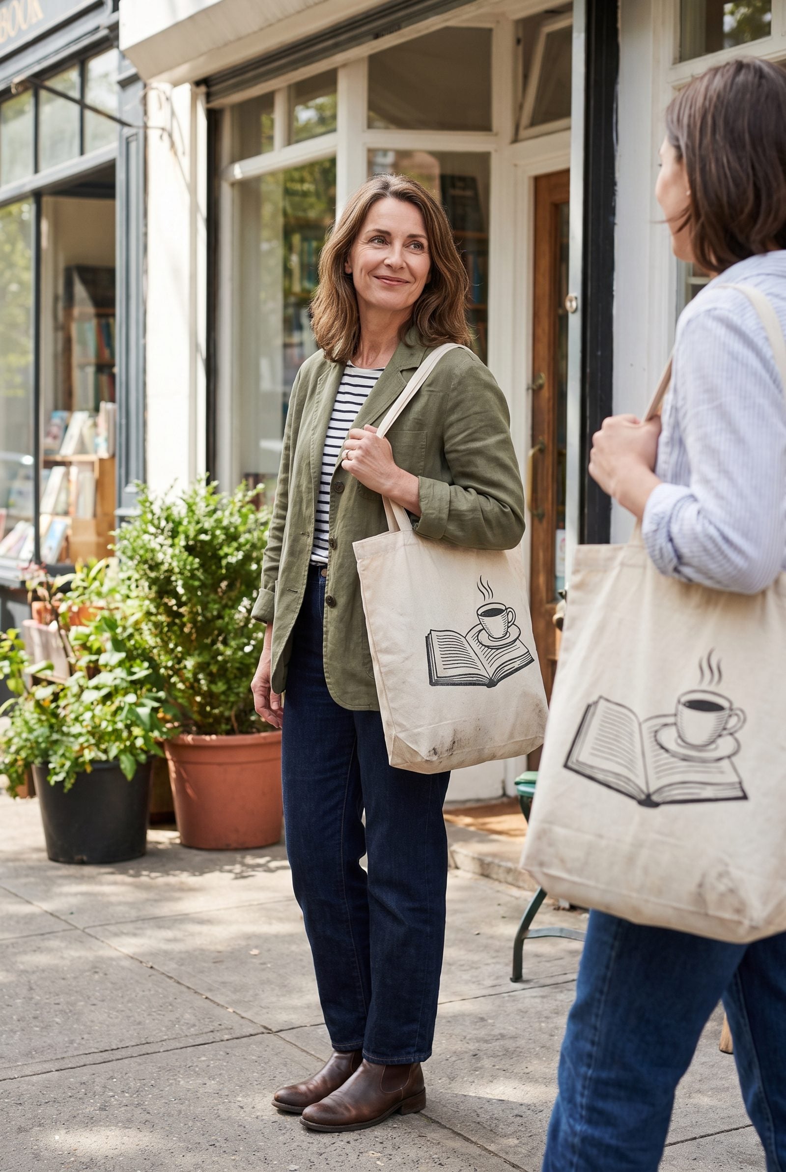 Entry hook holding one ecru canvas tote with navy webbing handles beside a set of keys.
