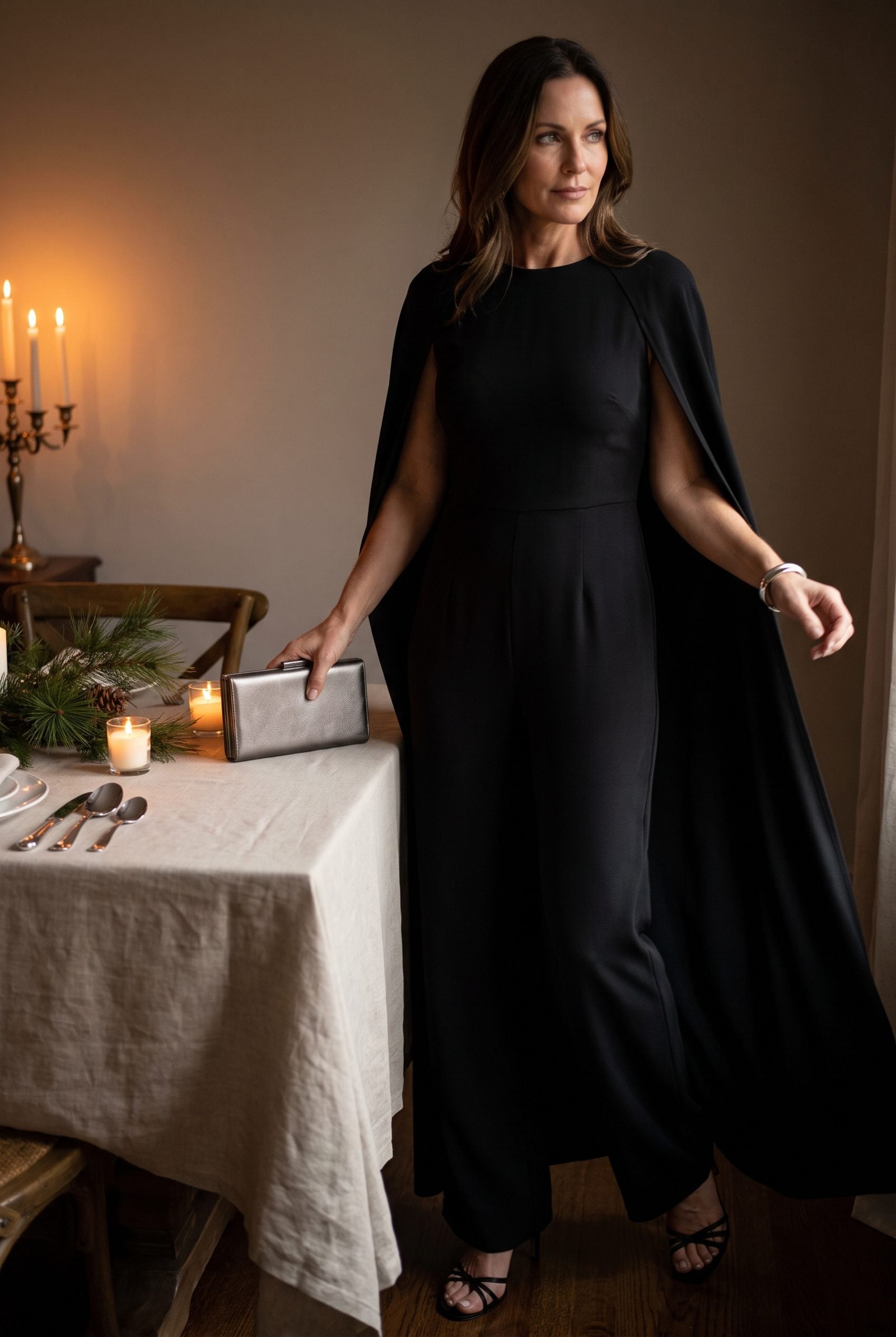 Cape Jumpsuit With a Slim Metallic Clutch