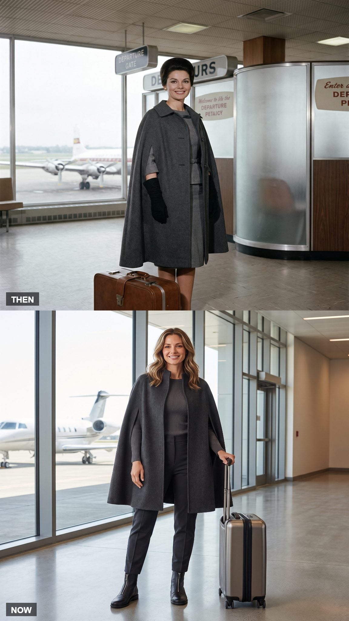 Vintage charcoal cape and long gloves compared with a contemporary cape outfit