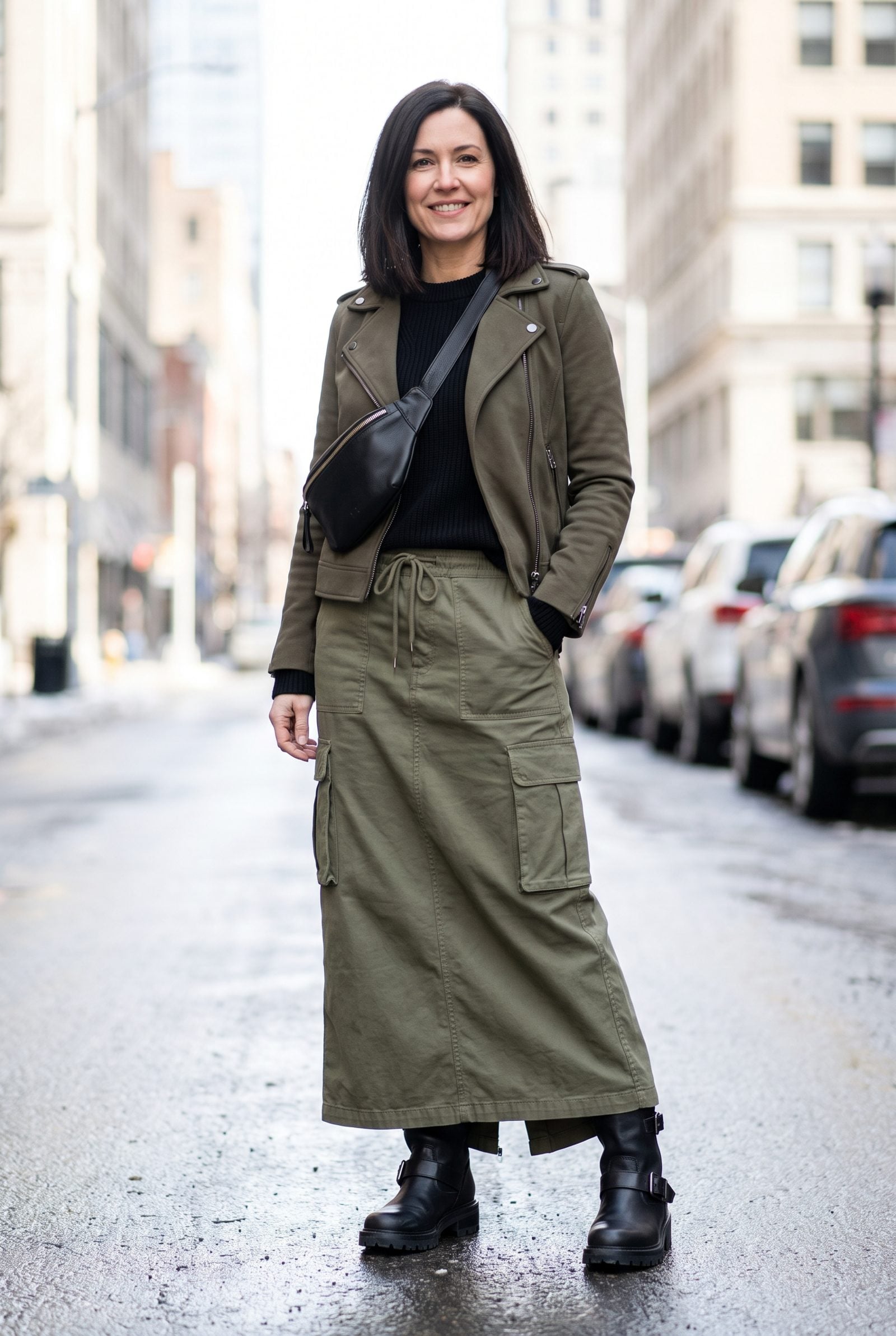 Cargo Maxi Skirt With Lug-Sole Biker Boots